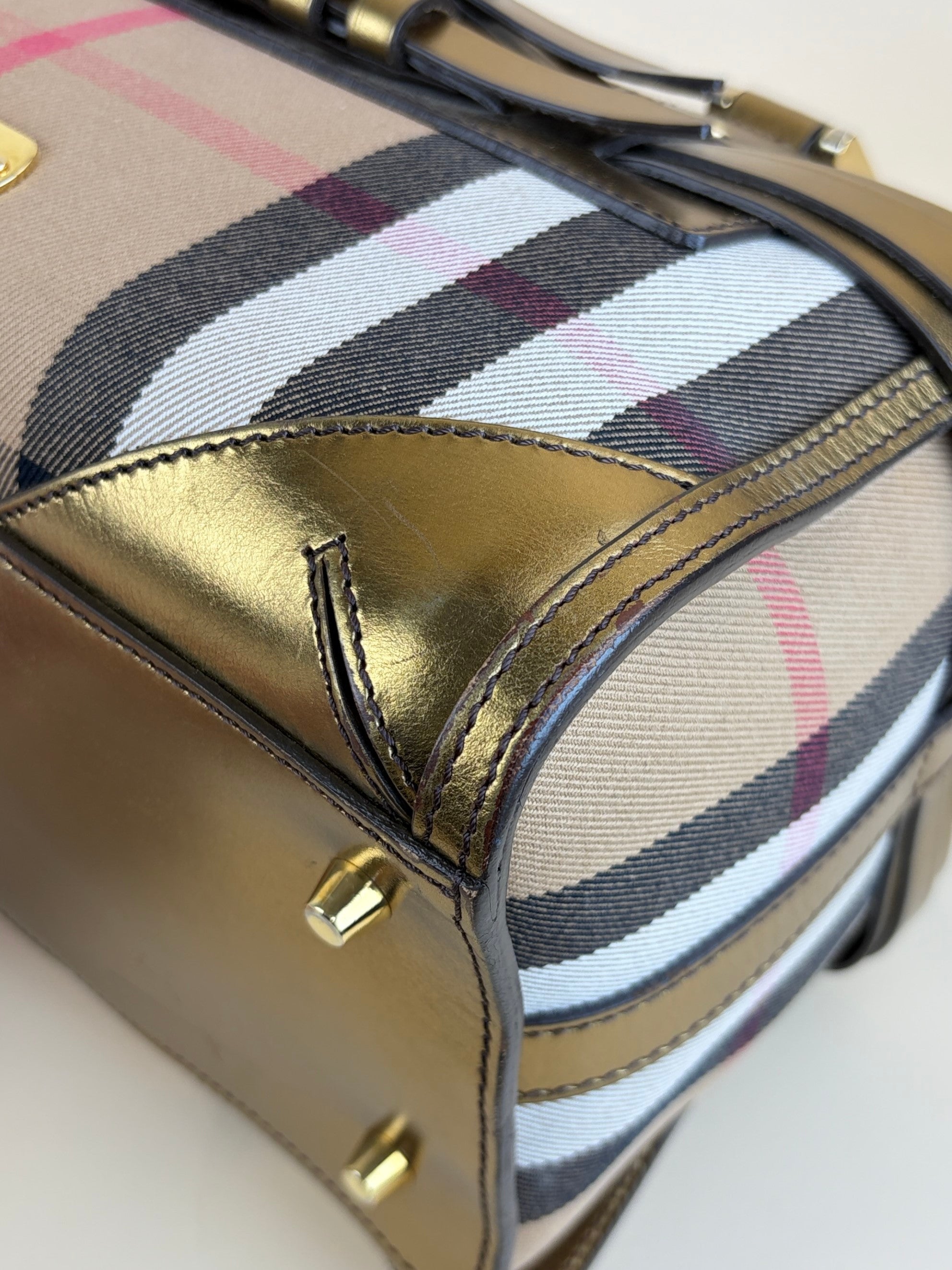 Burberry gold leather house check bridle chaste bowler bag