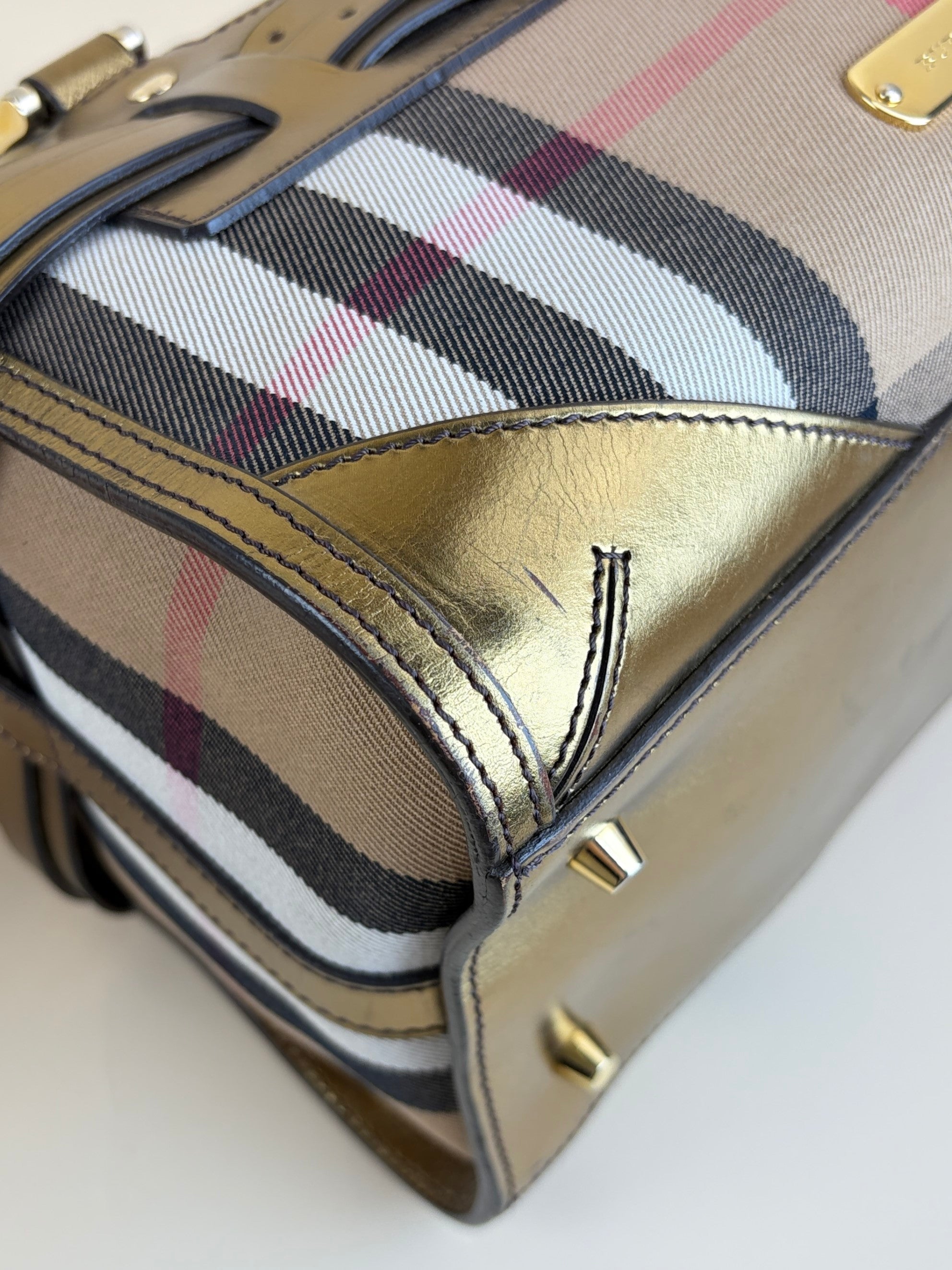 Burberry gold leather house check bridle chaste bowler bag