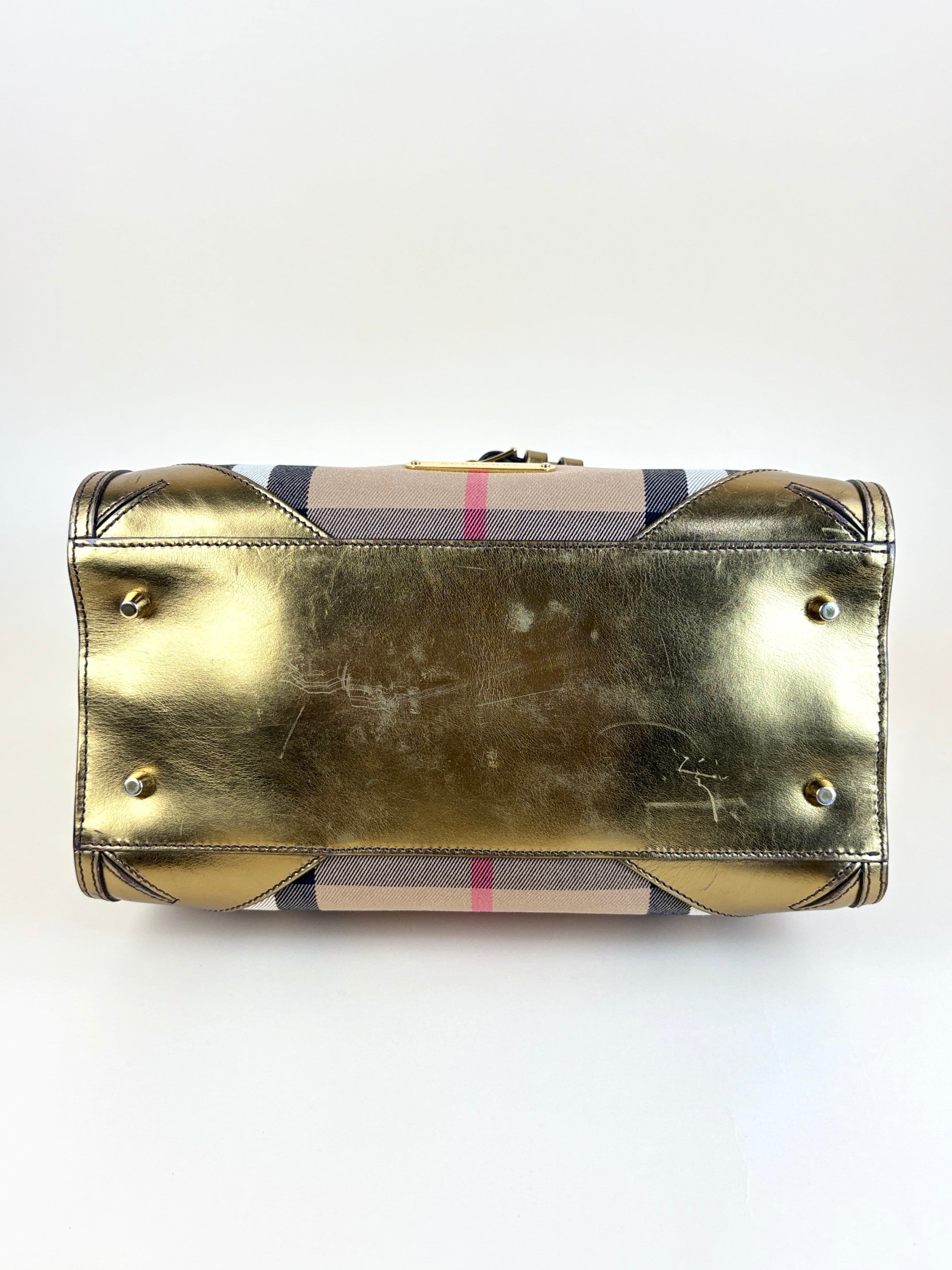 Burberry gold leather house check bridle chaste bowler bag