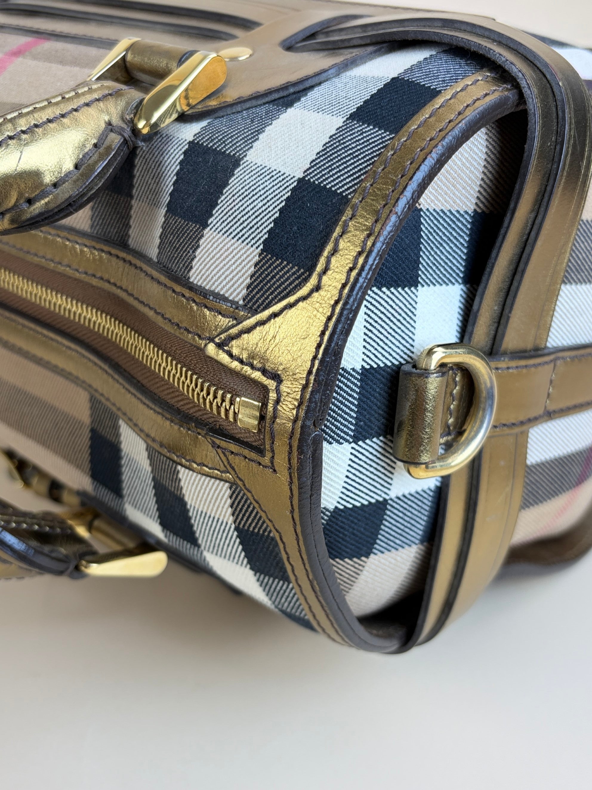 Burberry gold leather house check bridle chaste bowler bag
