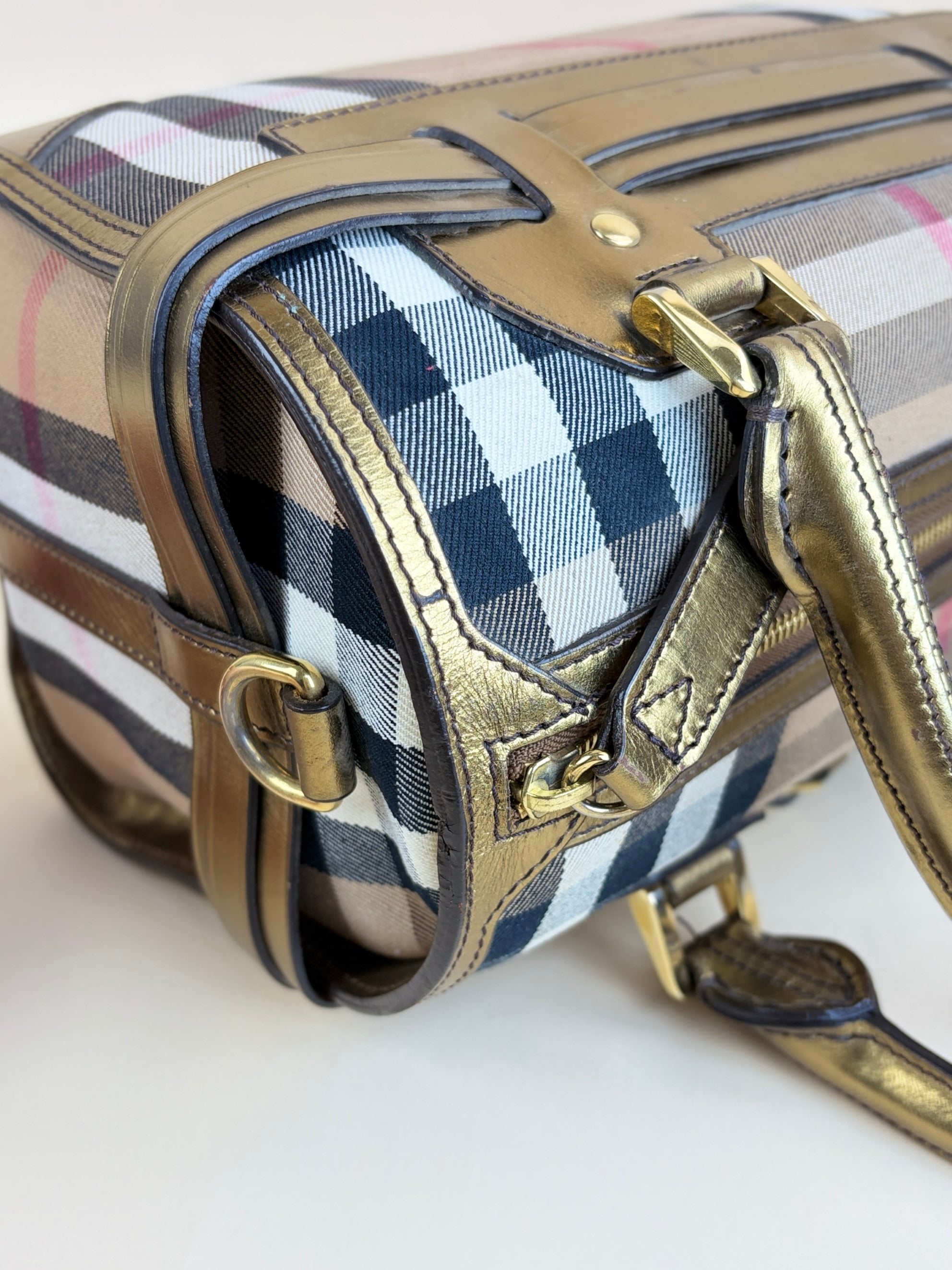 Burberry gold leather house check bridle chaste bowler bag