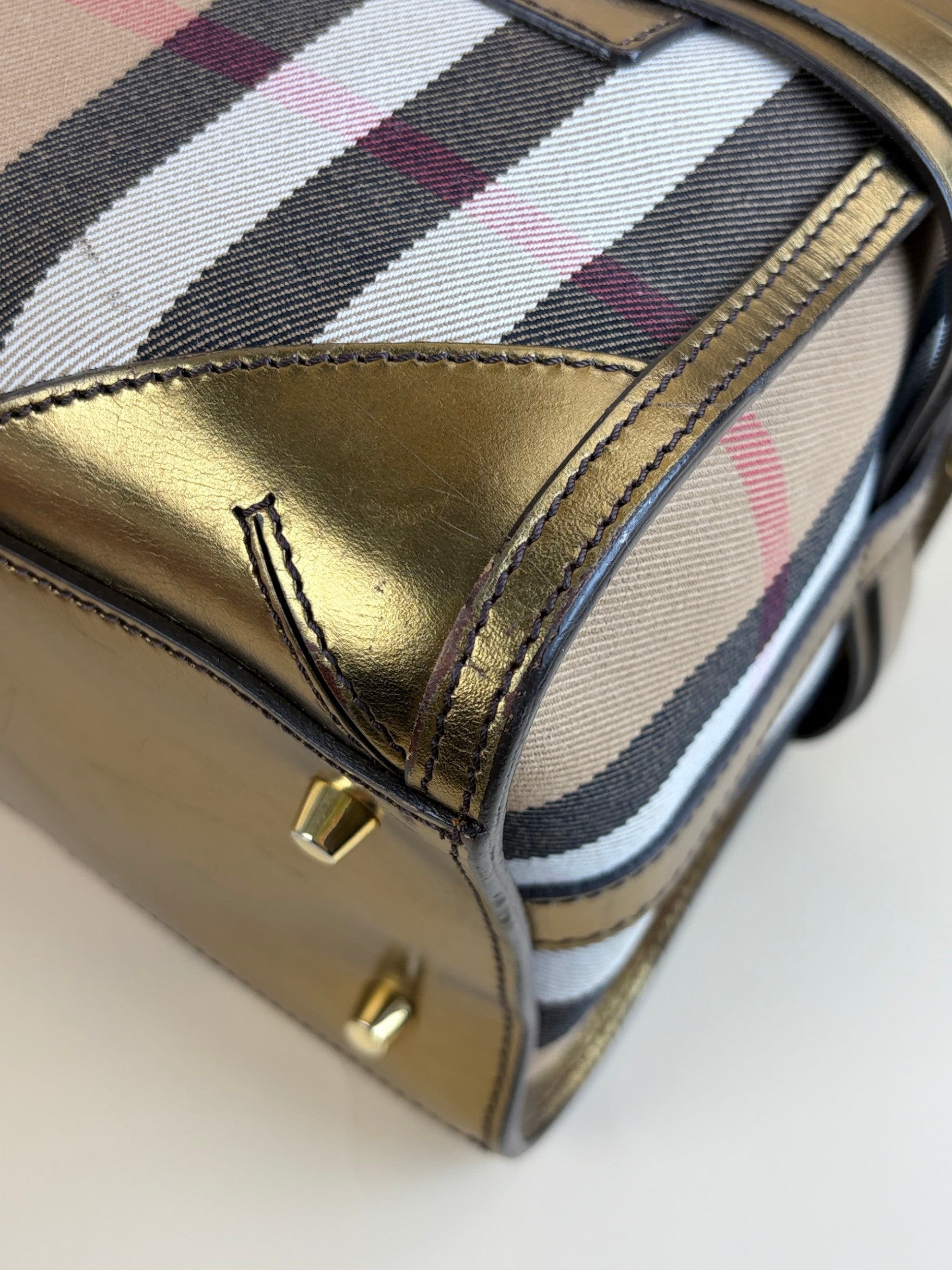 Burberry gold leather house check bridle chaste bowler bag