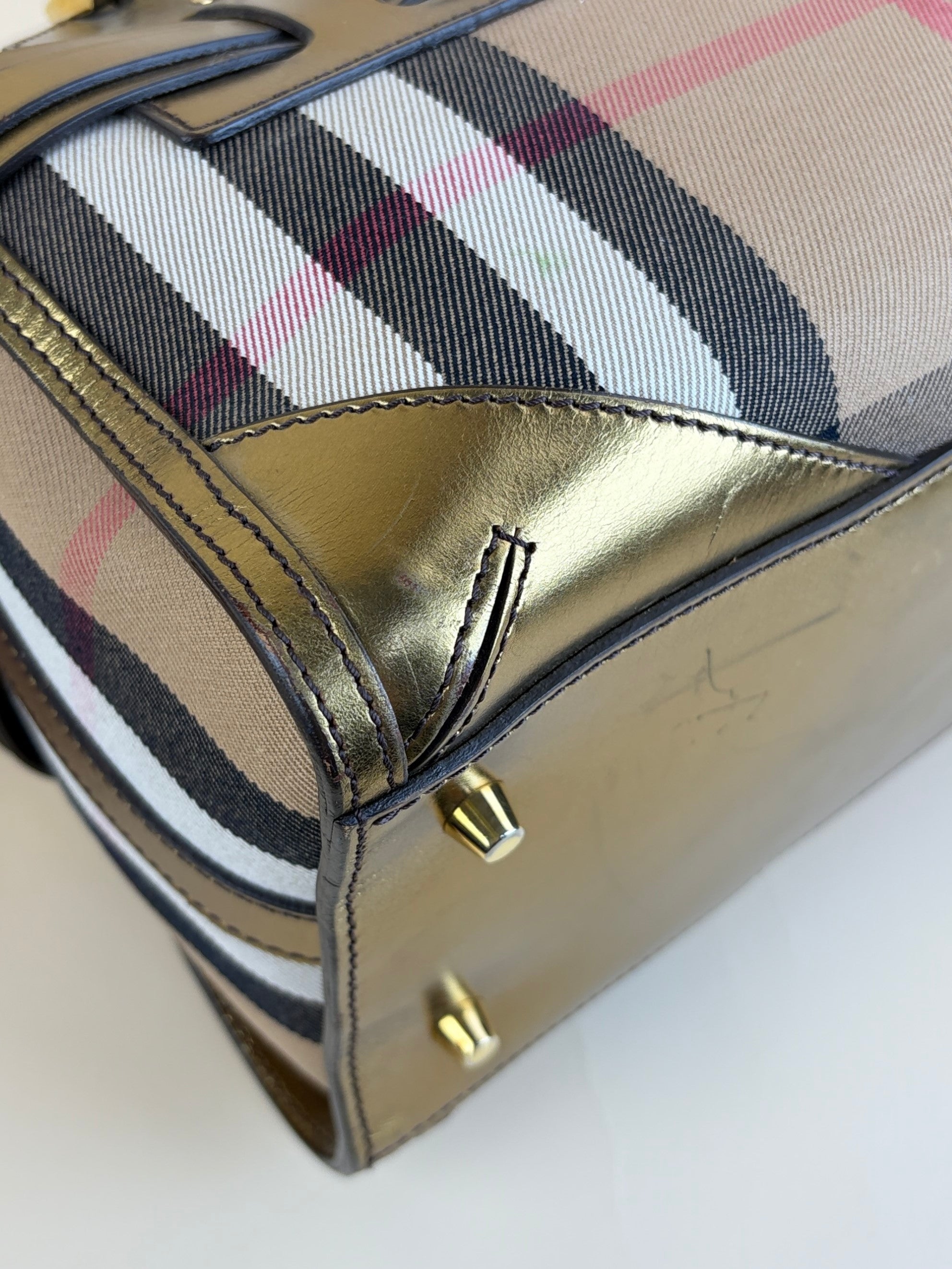 Burberry gold leather house check bridle chaste bowler bag