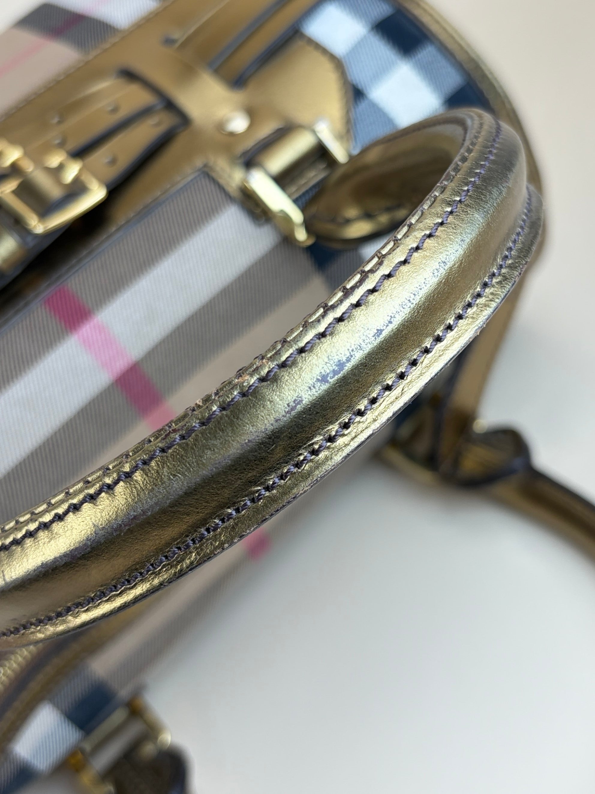 Burberry gold leather house check bridle chaste bowler bag