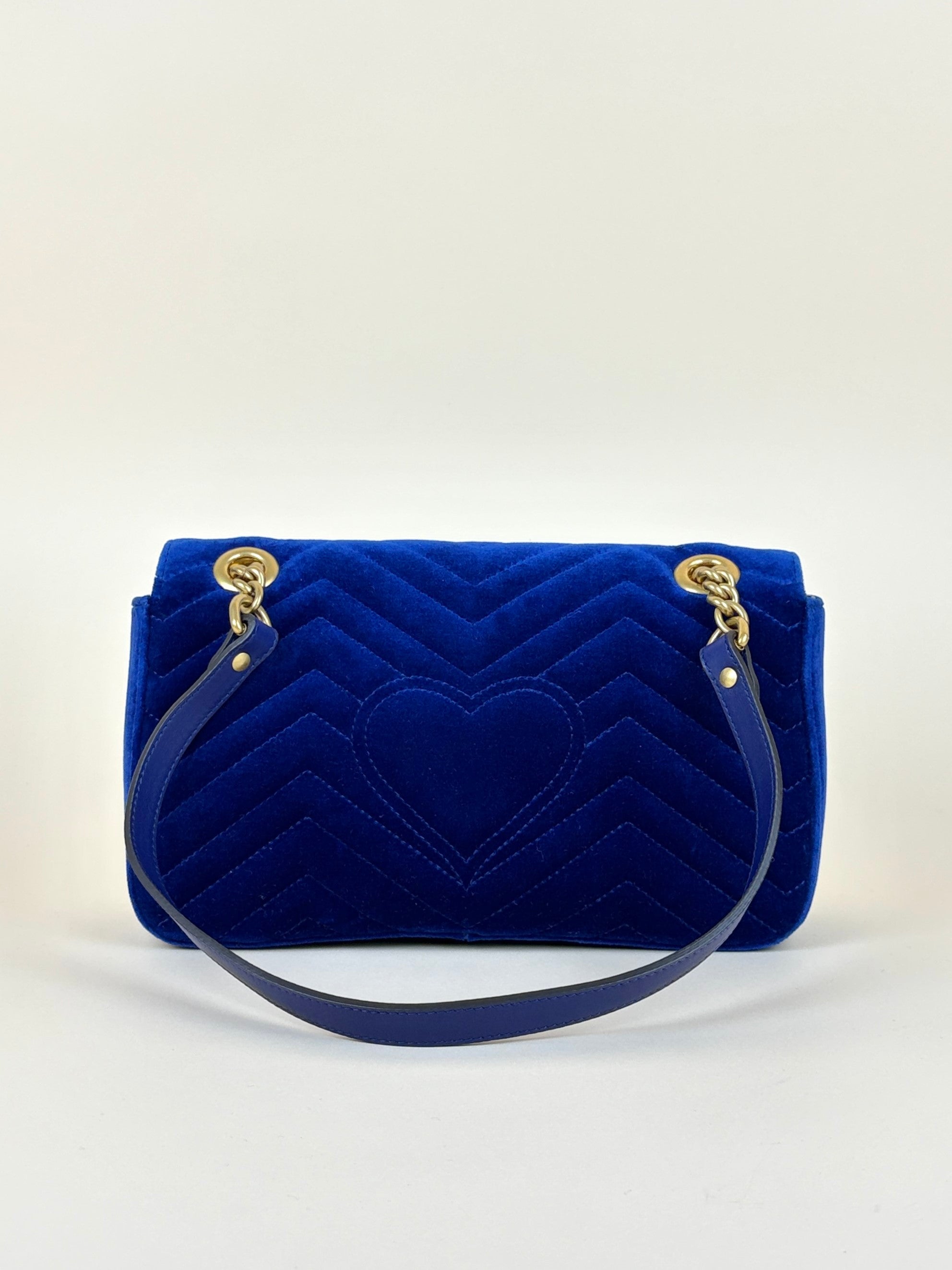 Gucci cobalt Blue GG Marmont Velvet small matelassé Shoulder Bag