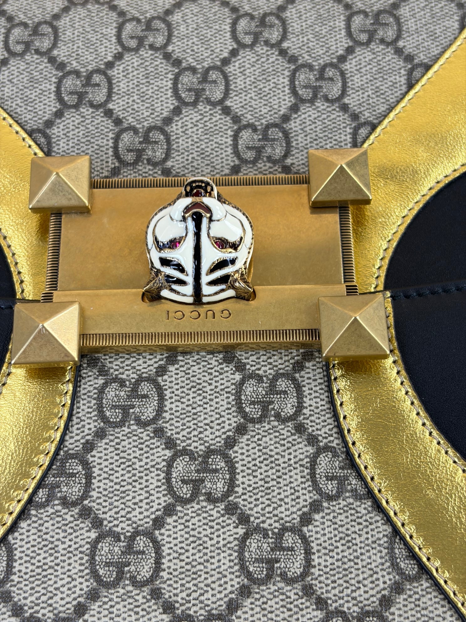 Gucci Black GG Supreme Osiride Medium Handbag W/ Gold Chain