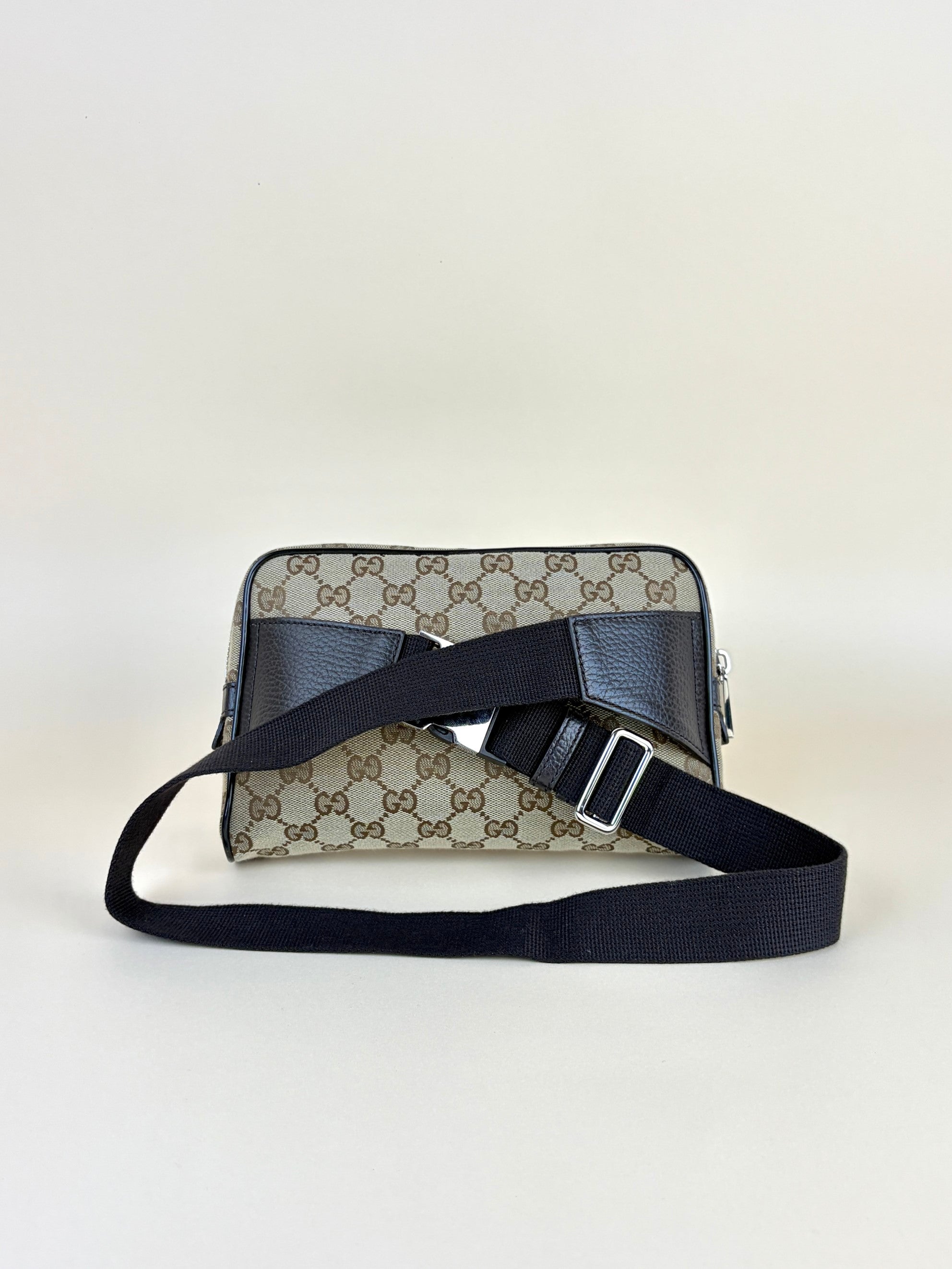 Gucci dark brown leather and gg monogram canvas belt bag