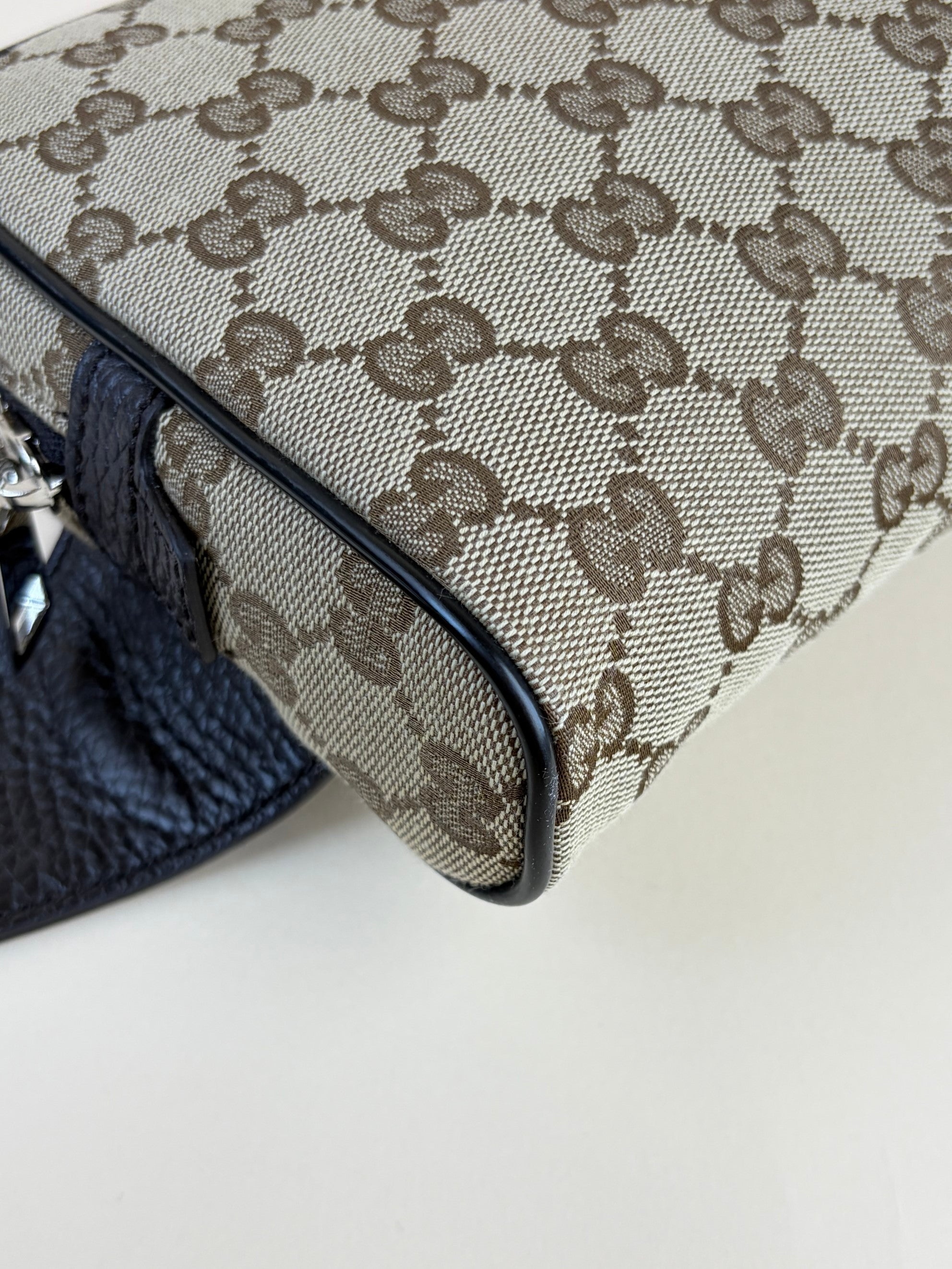 Gucci dark brown leather and gg monogram canvas belt bag