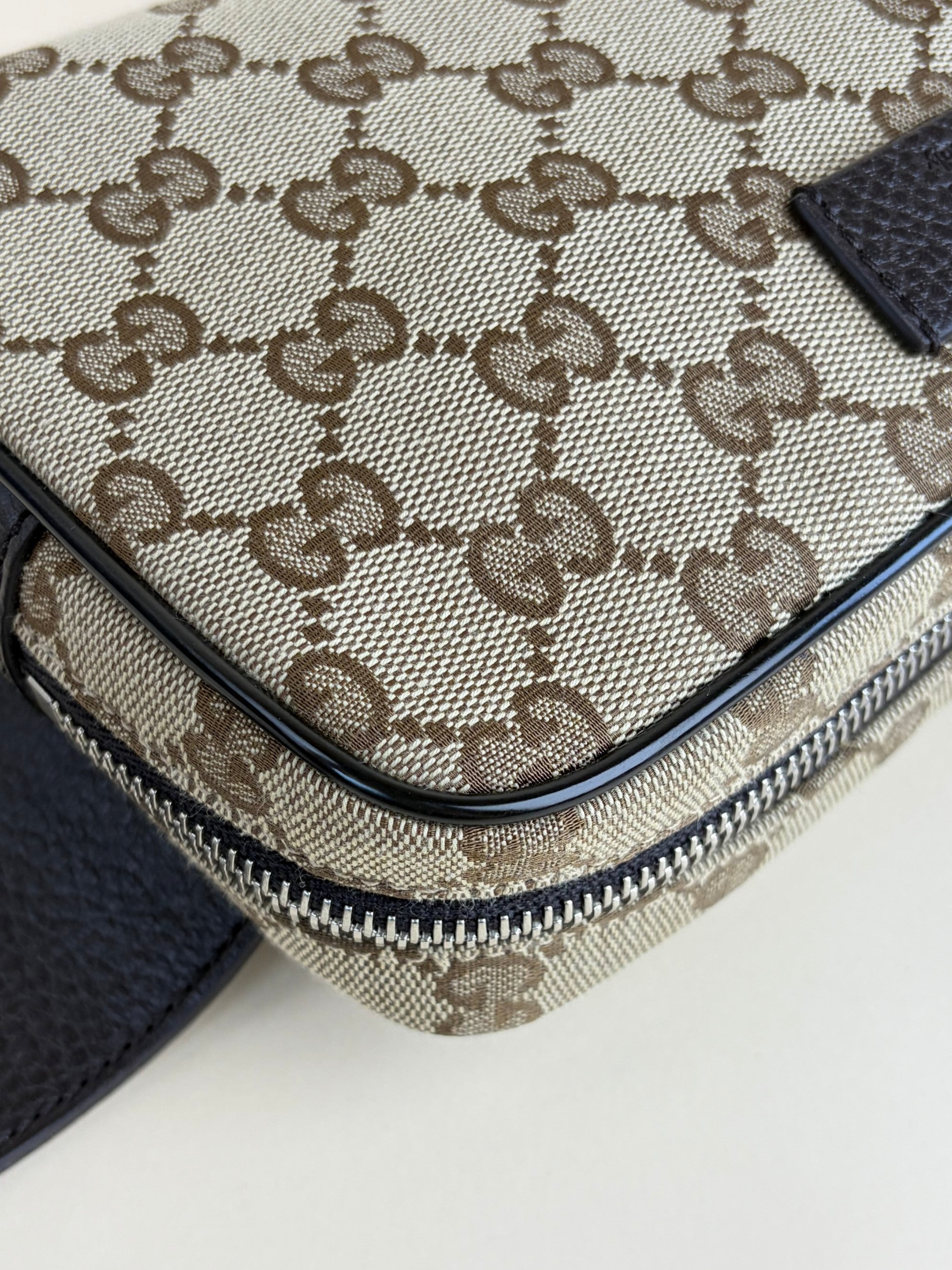 Gucci dark brown leather and gg monogram canvas belt bag