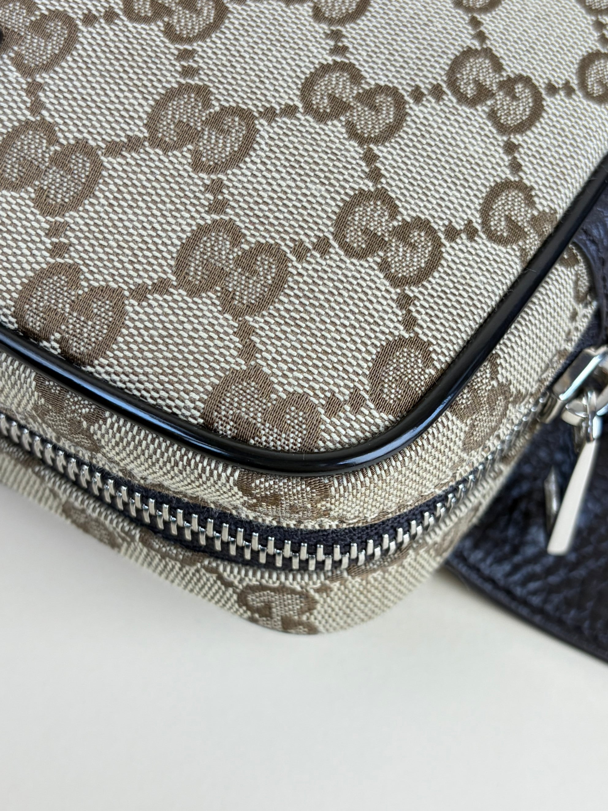 Gucci dark brown leather and gg monogram canvas belt bag