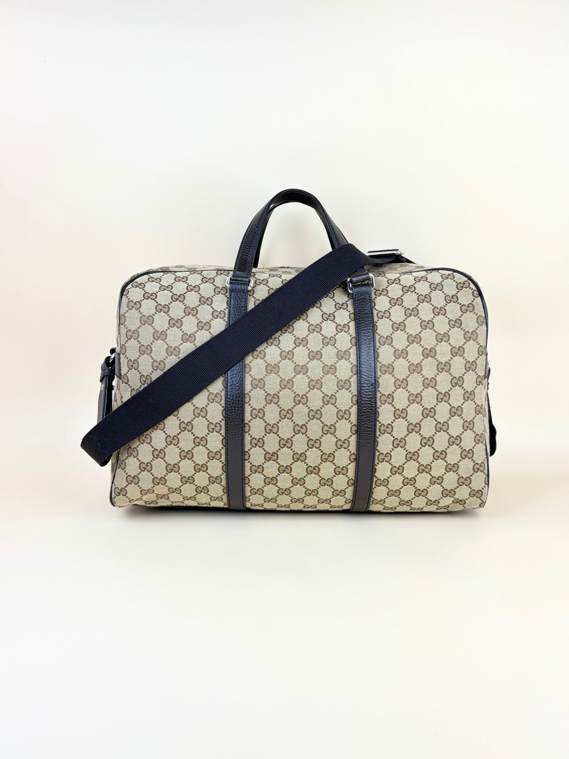 Gucci beige gg monogram canvas and brown calfskin Boston duffle bag