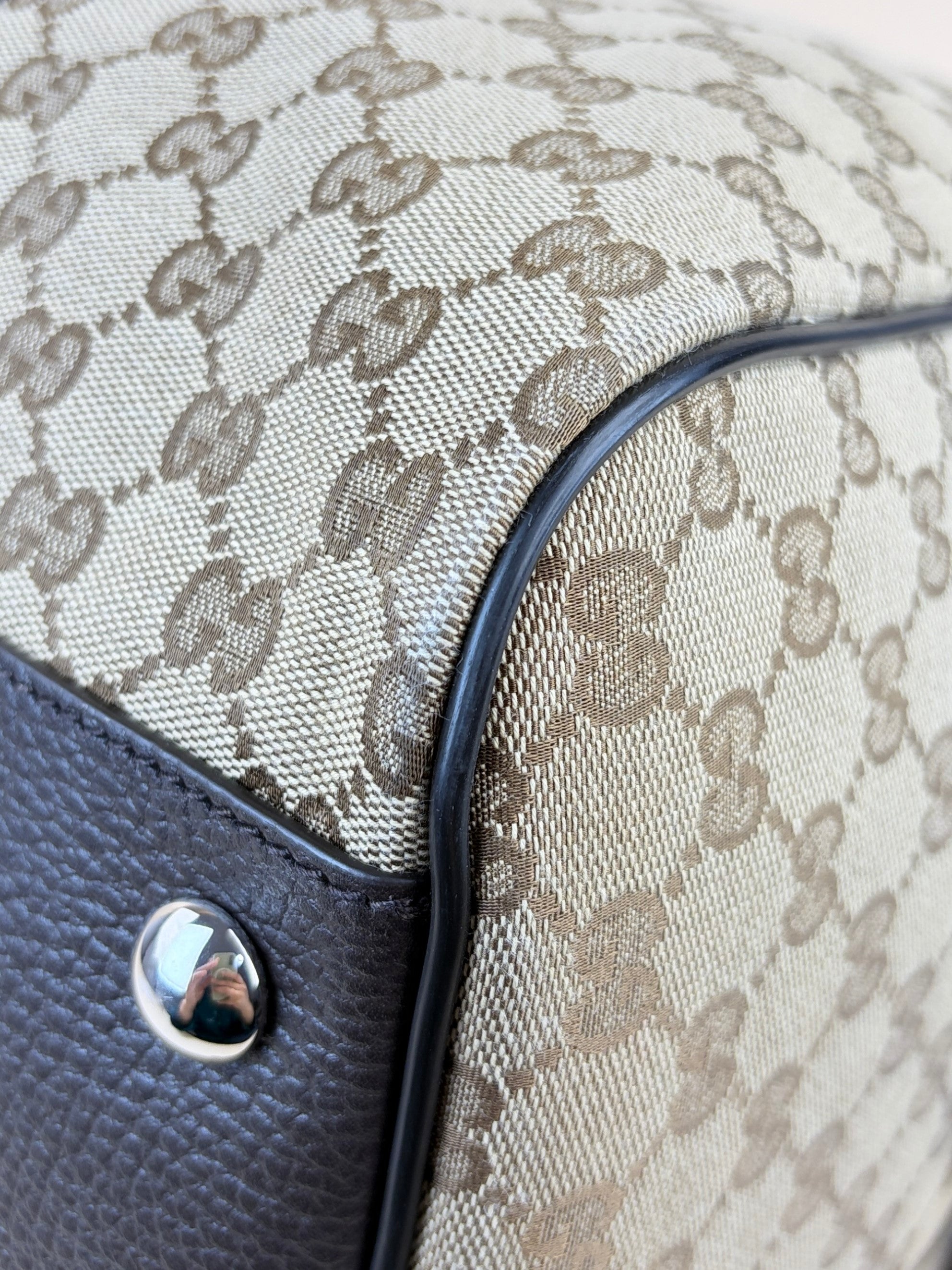 Gucci beige gg monogram canvas and brown calfskin Boston duffle bag