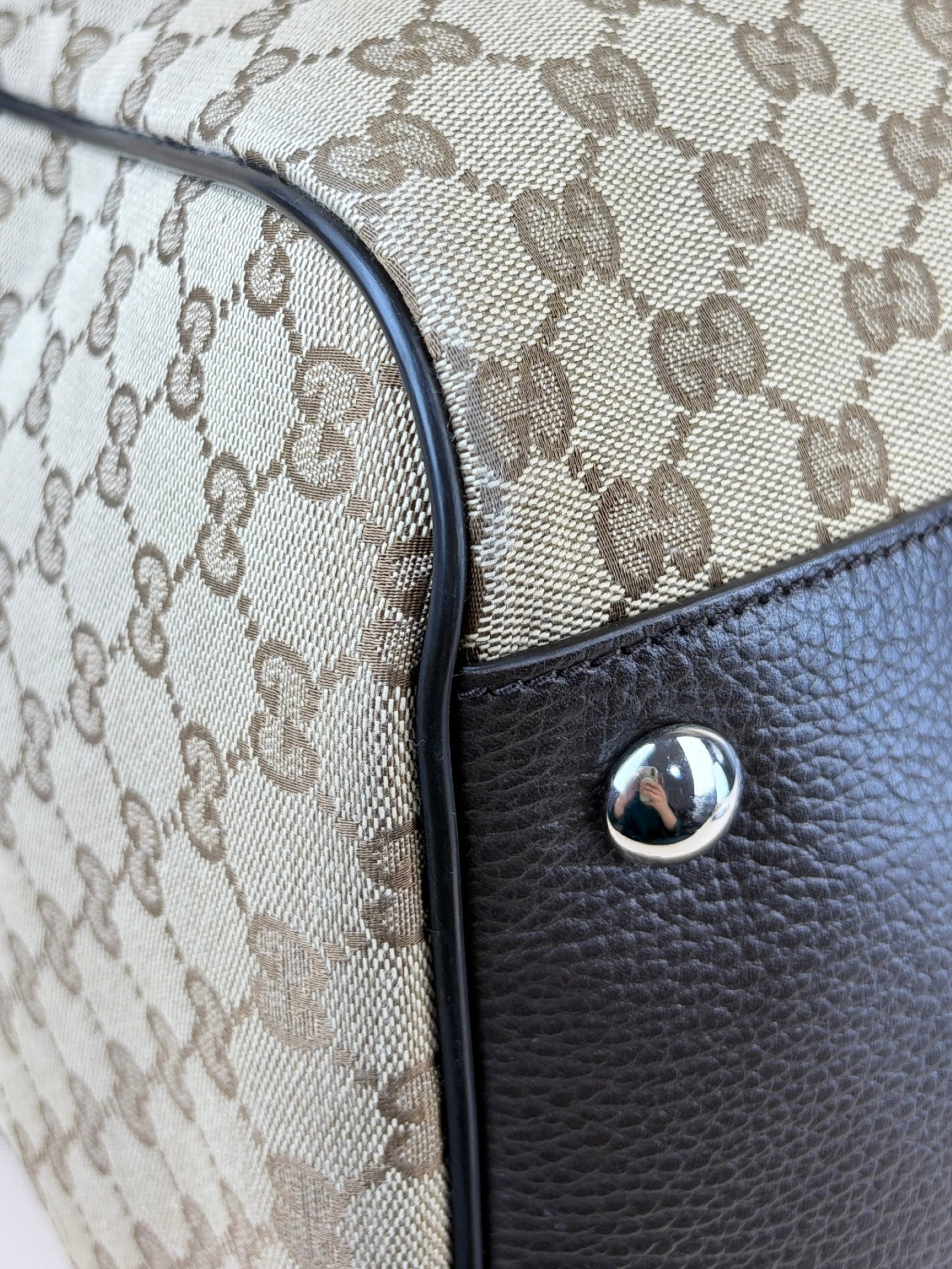 Gucci beige gg monogram canvas and brown calfskin Boston duffle bag