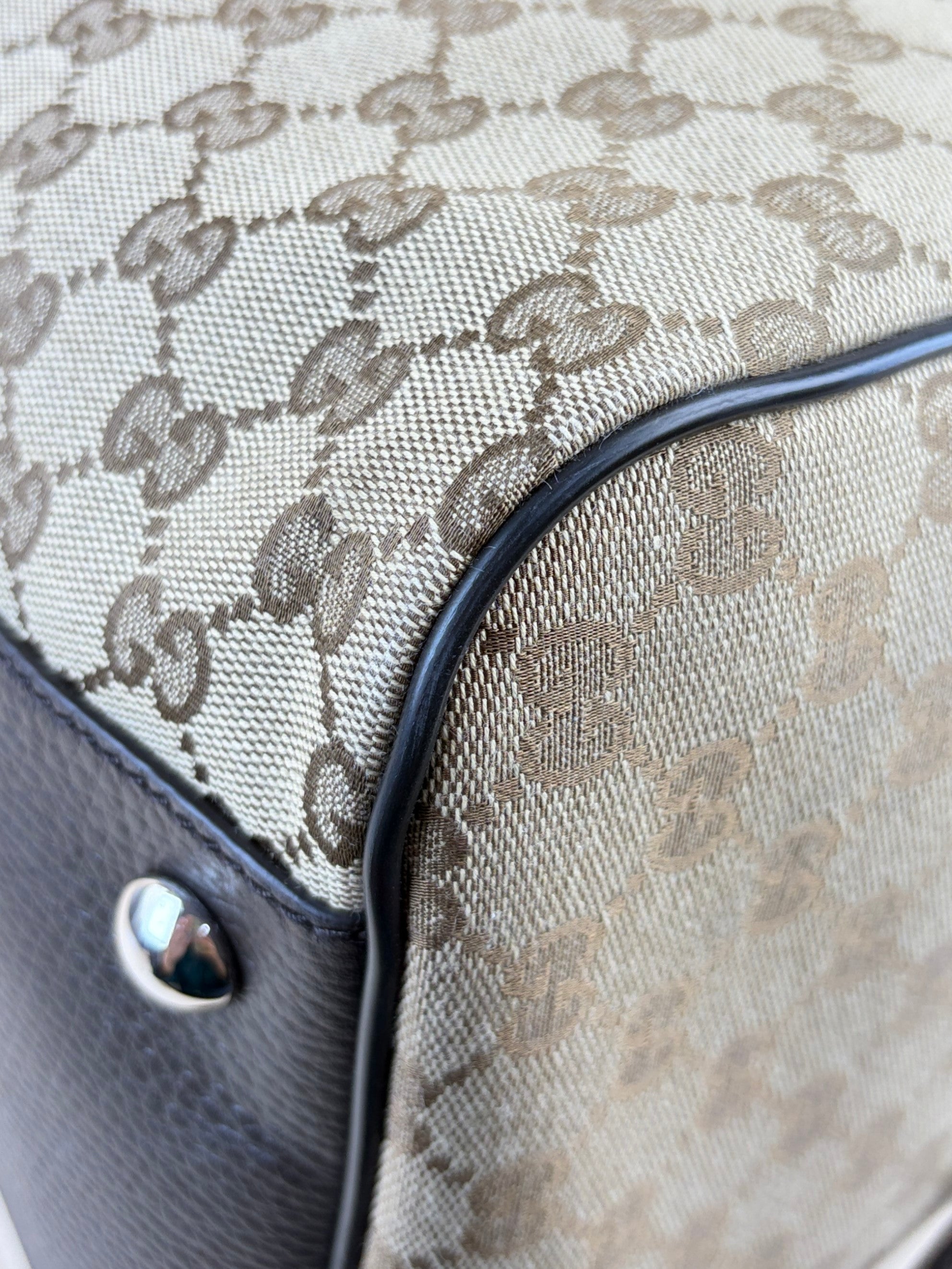 Gucci beige gg monogram canvas and brown calfskin Boston duffle bag