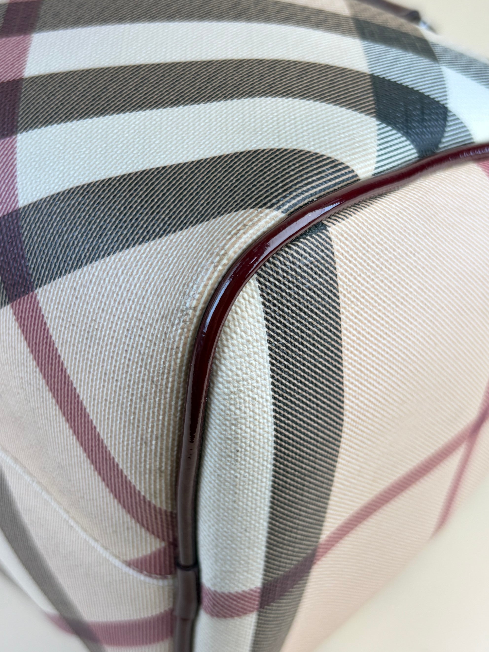 Burberry red patent leather super nova checks bowling tote bag