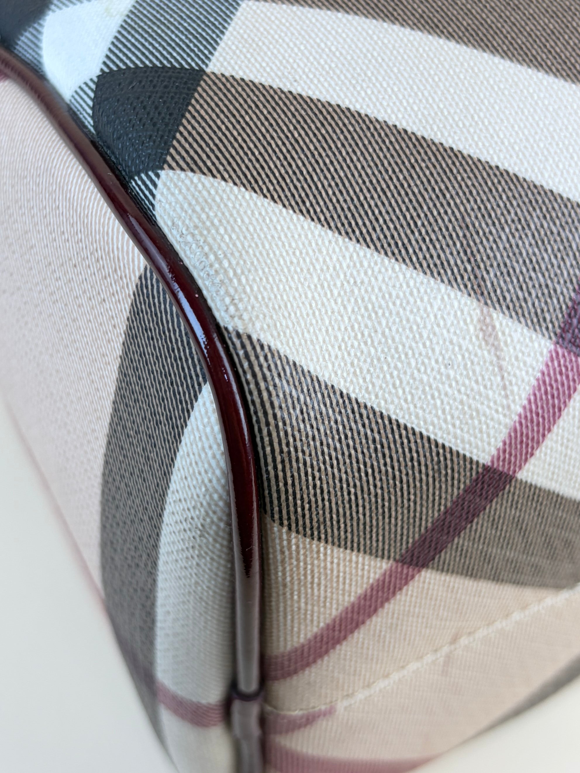 Burberry red patent leather super nova checks bowling tote bag