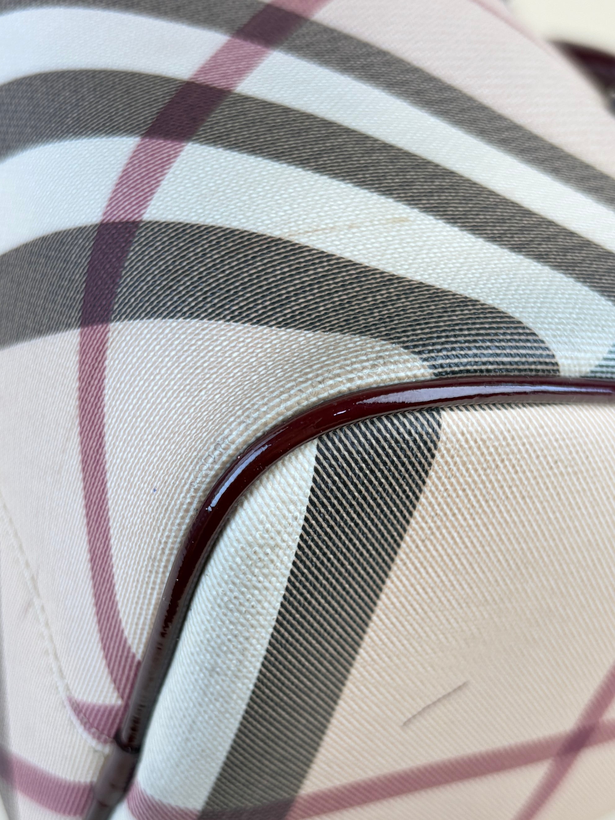 Burberry red patent leather super nova checks bowling tote bag
