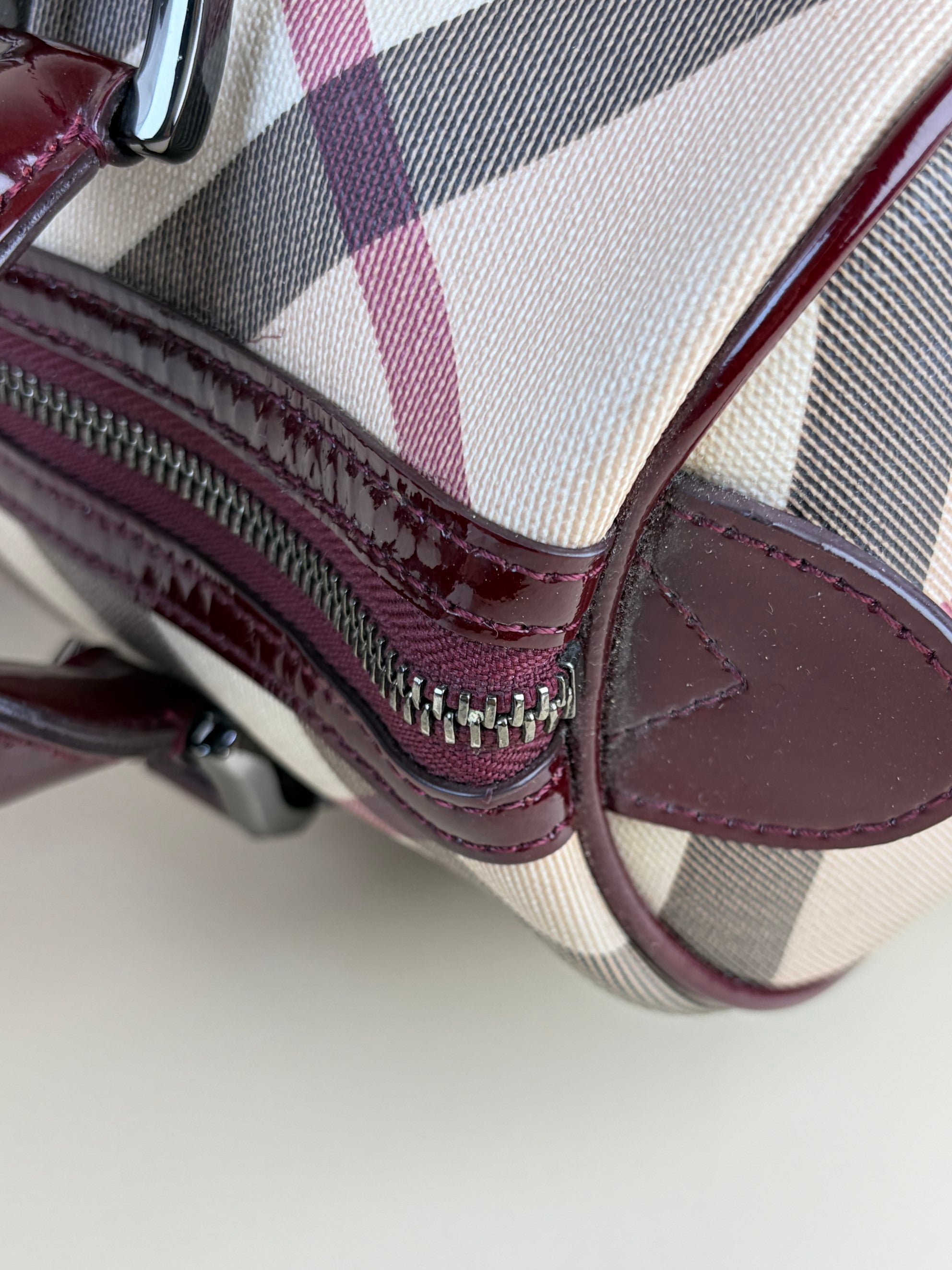 Burberry red patent leather super nova checks bowling tote bag