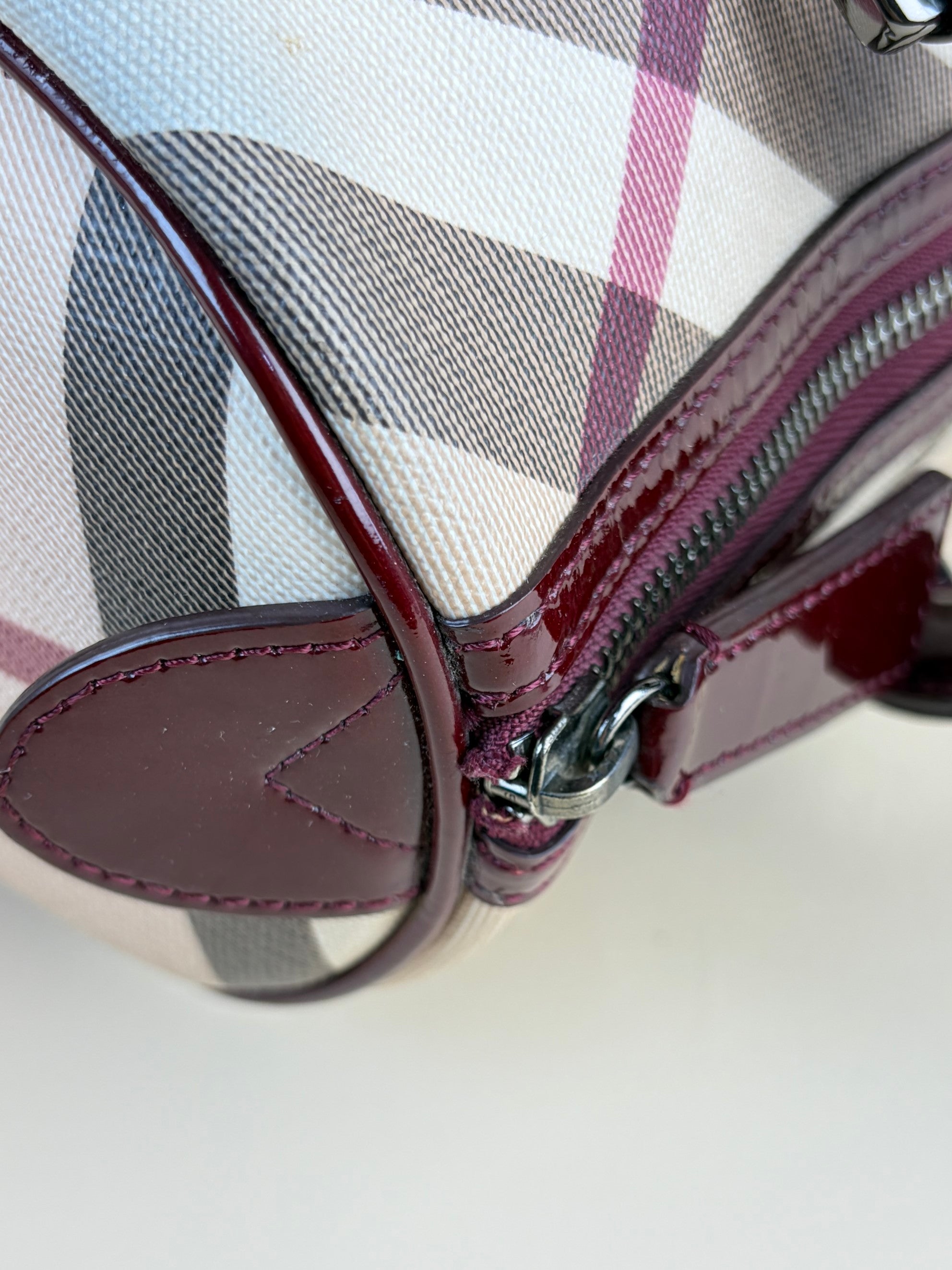 Burberry red patent leather super nova checks bowling tote bag