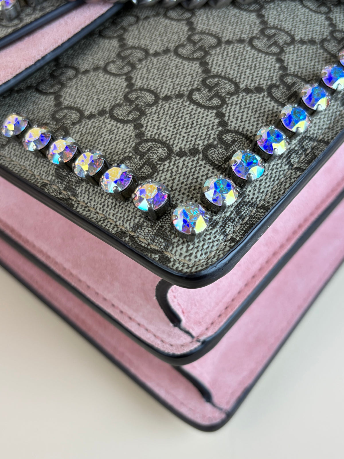 Gucci GG Supreme monogram suede crystal small Dionysus beige ebony light peonia