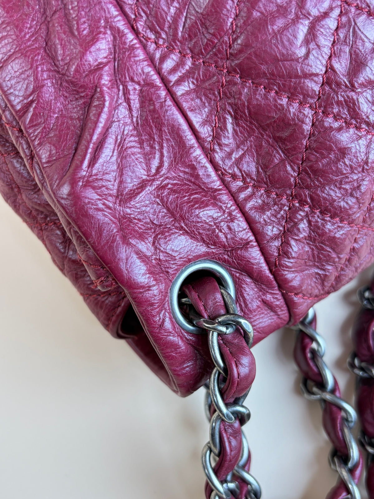 Chanel red crinkled leather flap