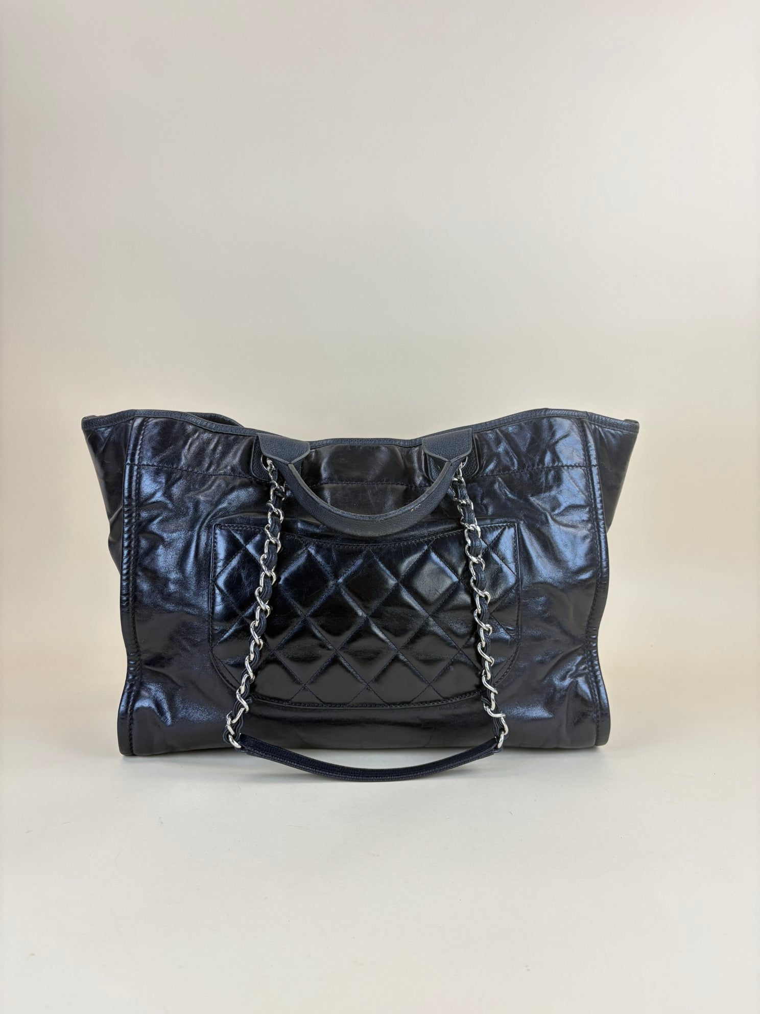 Chanel glazed calfskin medium black Deauville tote shoulder bag