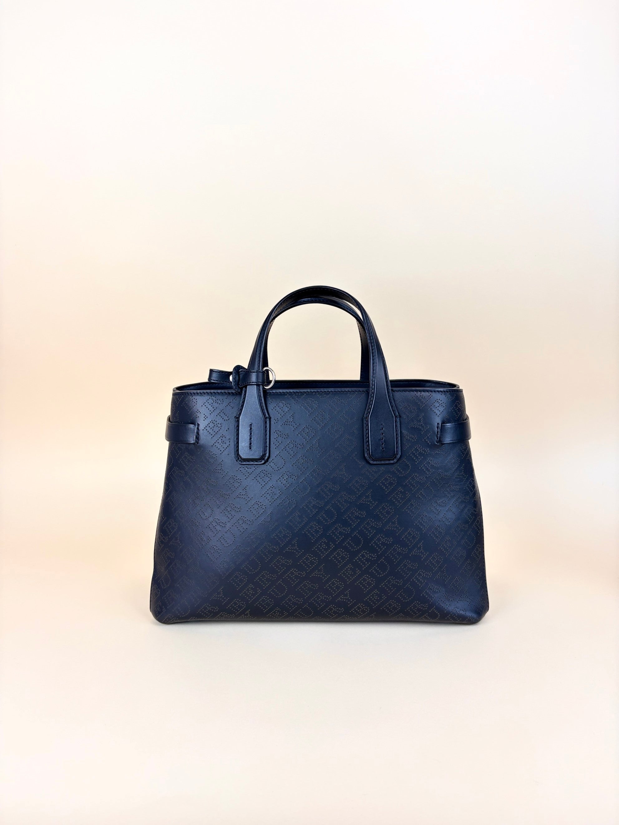 Burberry Black perforated leather logo banner medium tote bag