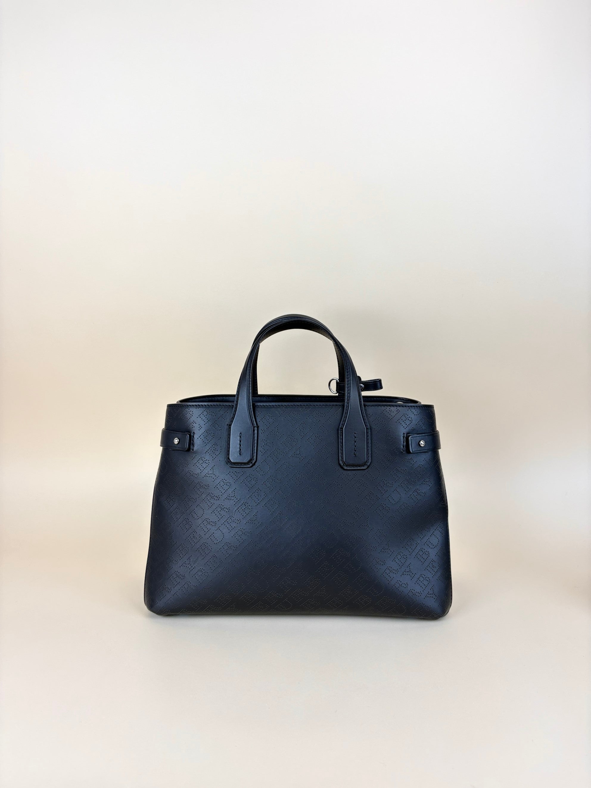 Burberry Black perforated leather logo banner medium tote bag