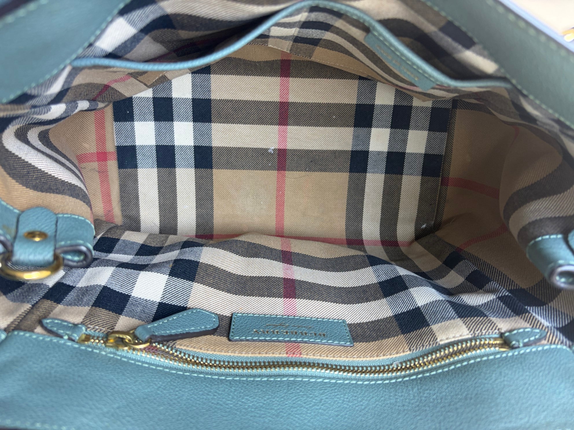 Burberry grained leather green buckle medium tote bag