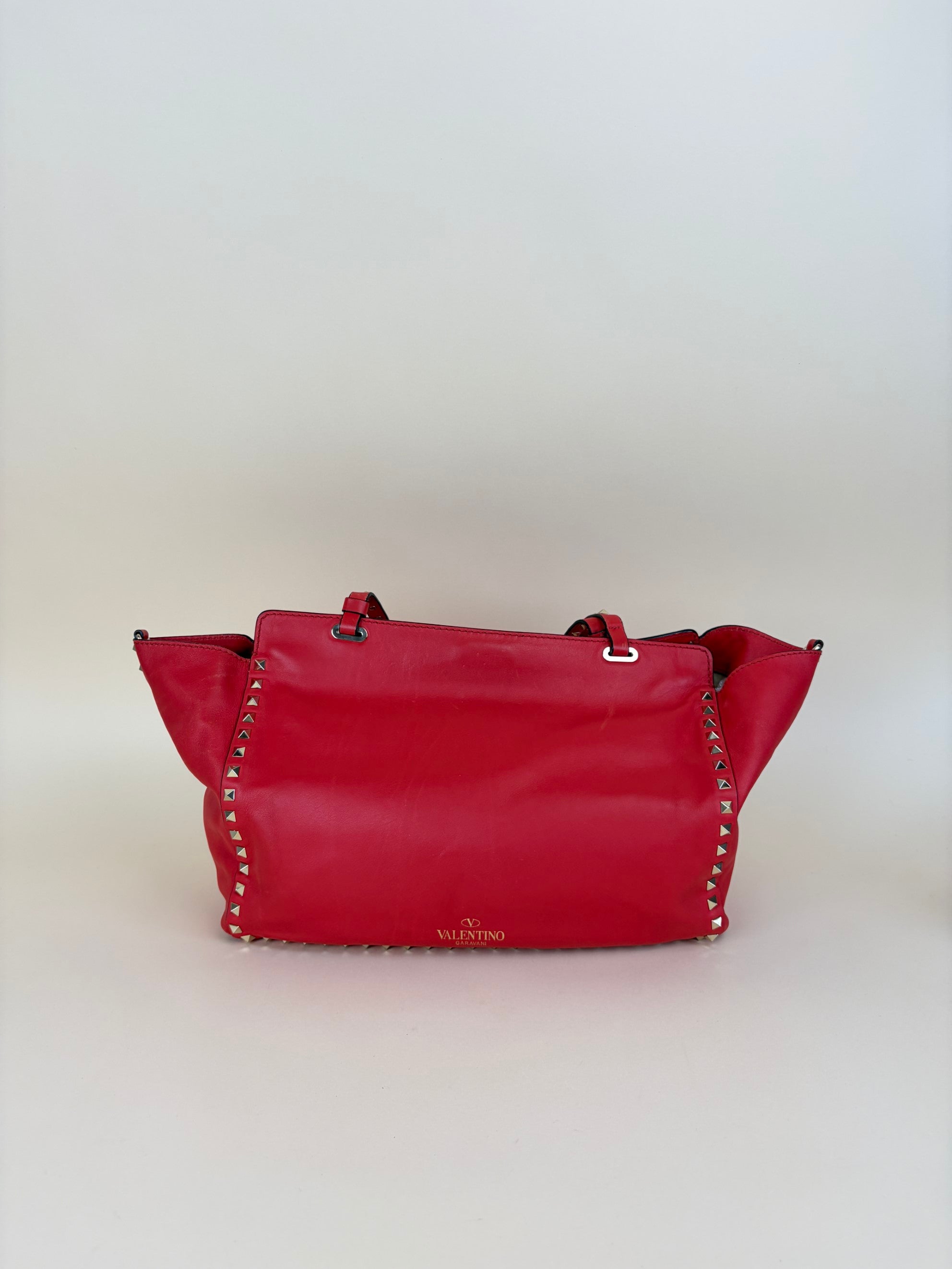 Valentino Gravano red soft leather rock stud medium tote bag