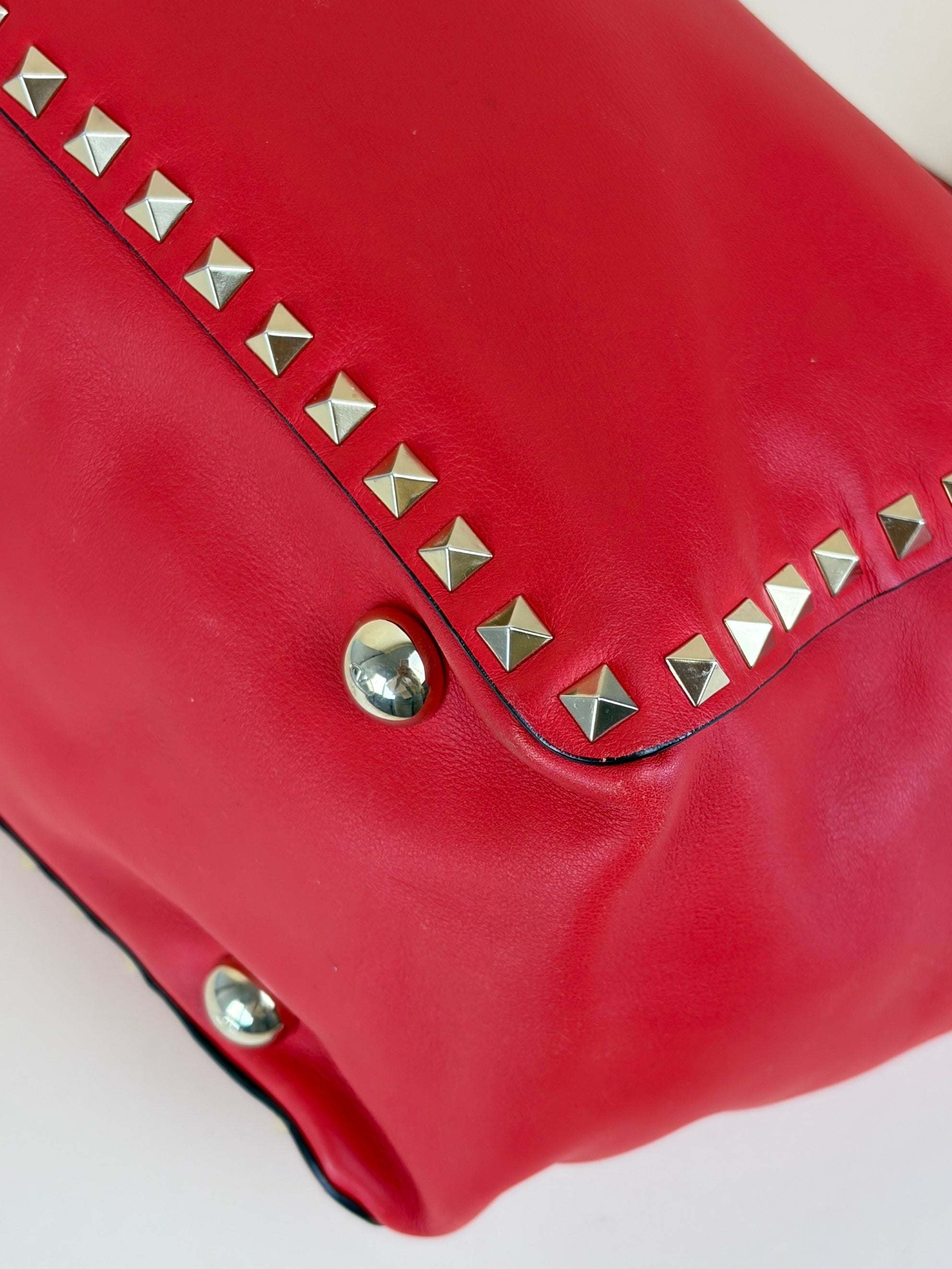 Valentino Gravano red soft leather rock stud medium tote bag