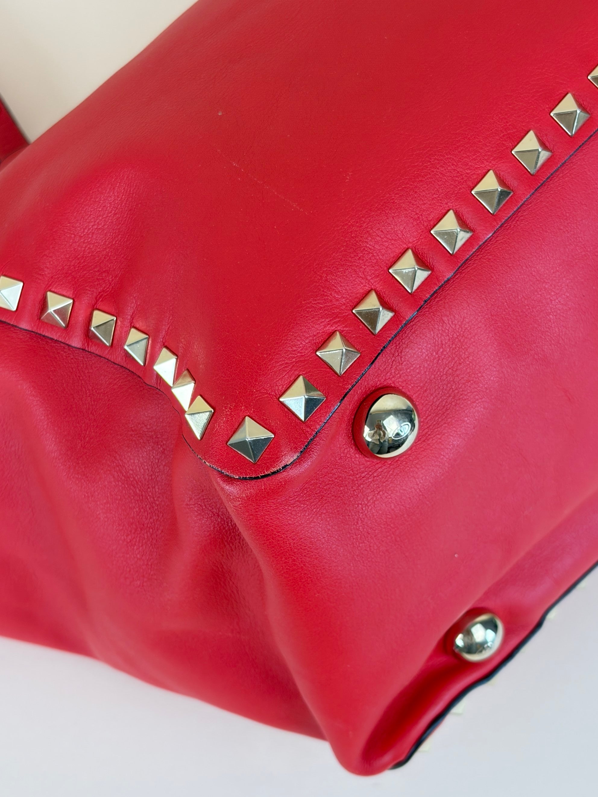 Valentino Gravano red soft leather rock stud medium tote bag