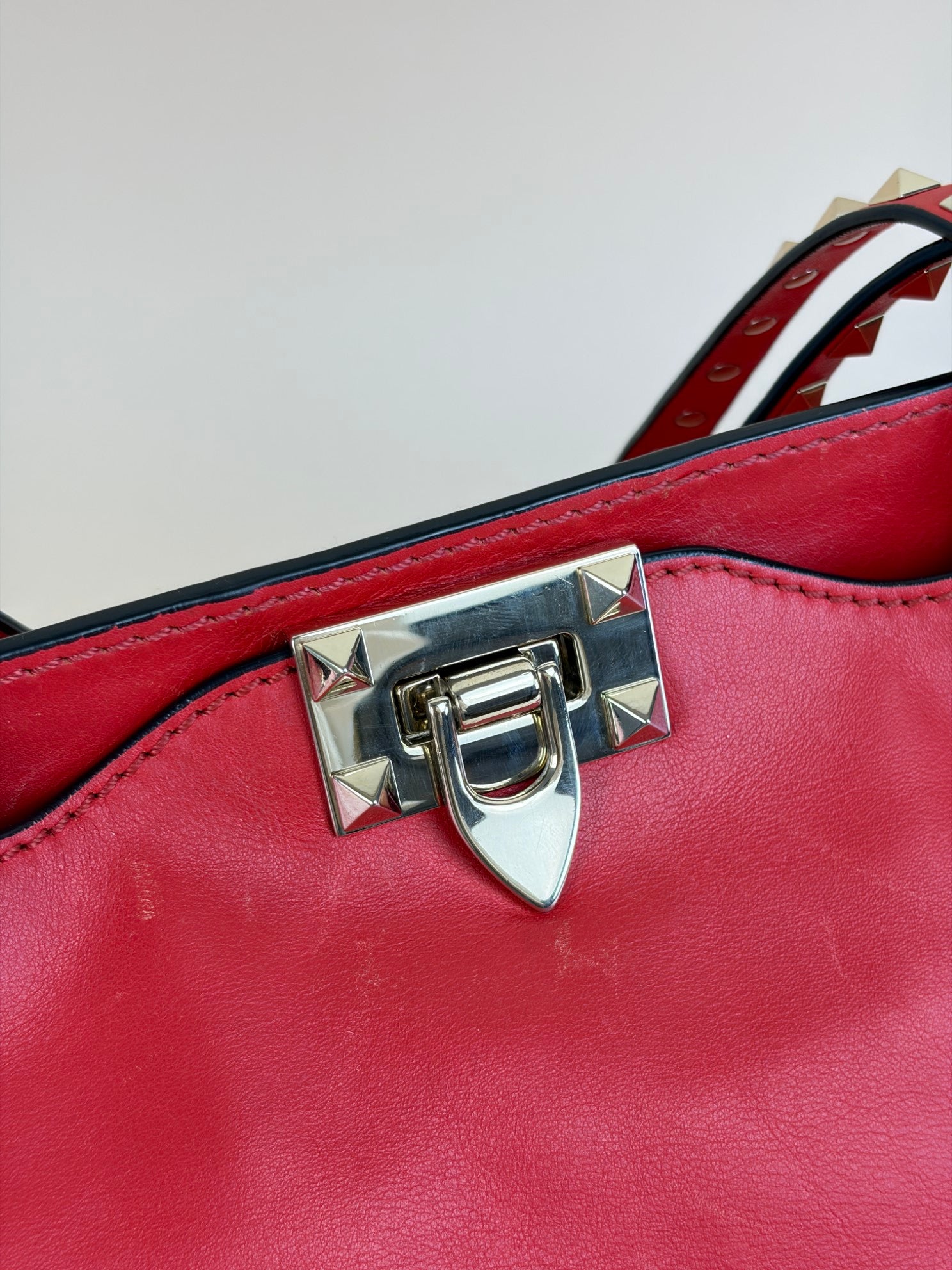 Valentino Gravano red soft leather rock stud medium tote bag