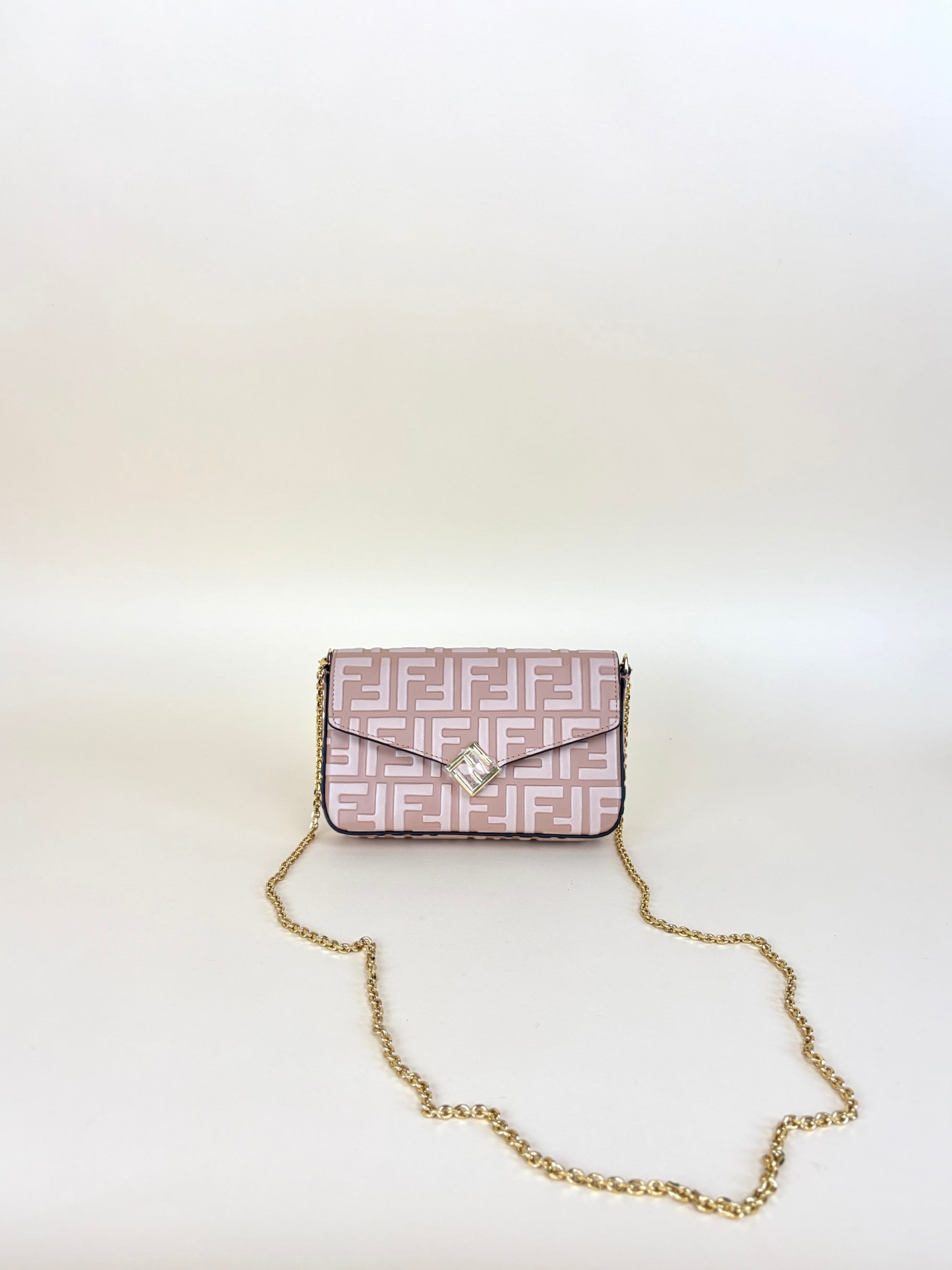 FENDI pink leather ff diamonds wallet on chain gold