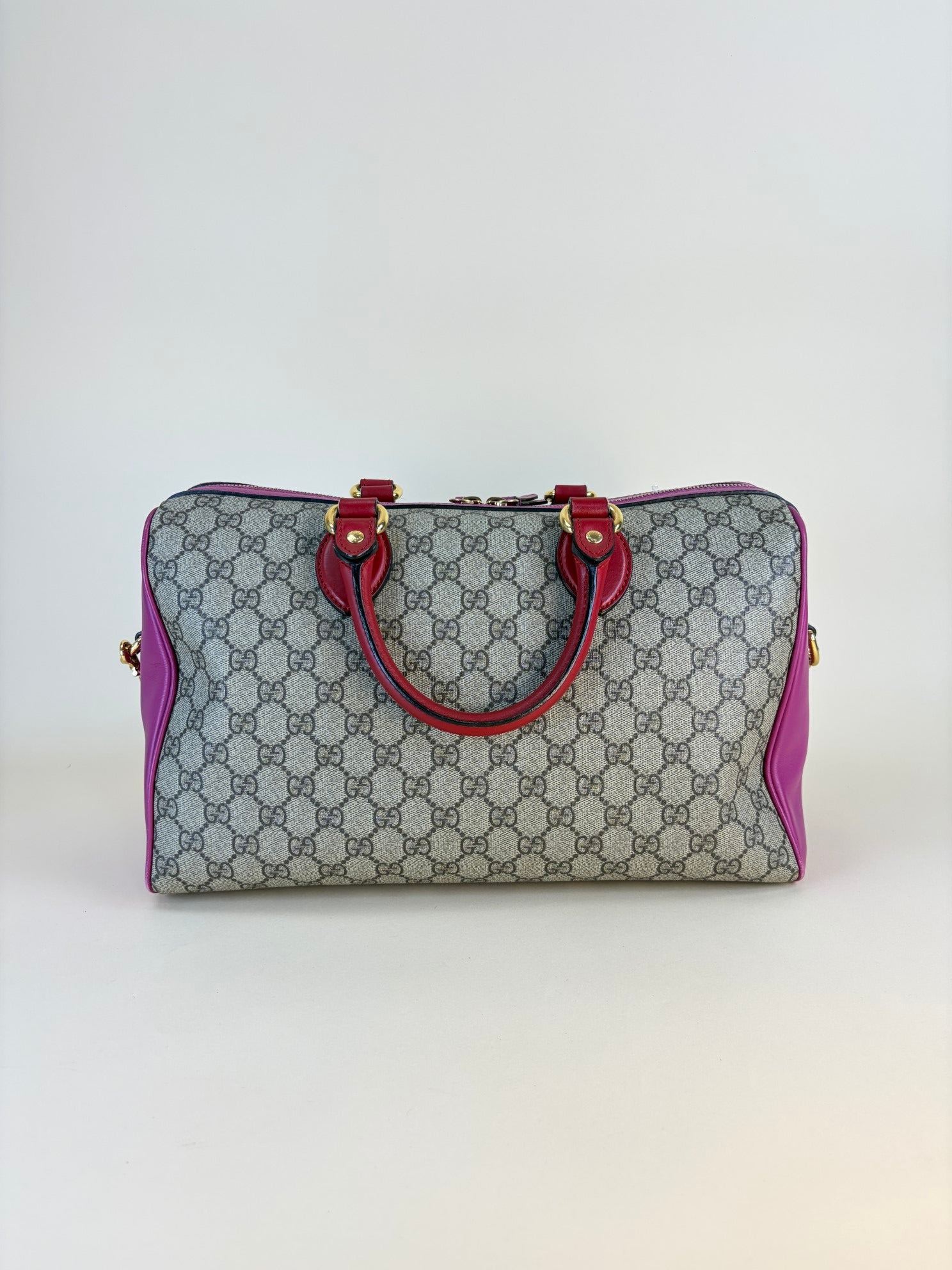 GUCCI beige pink,red,gg coated canvas supreme meduim boston bag