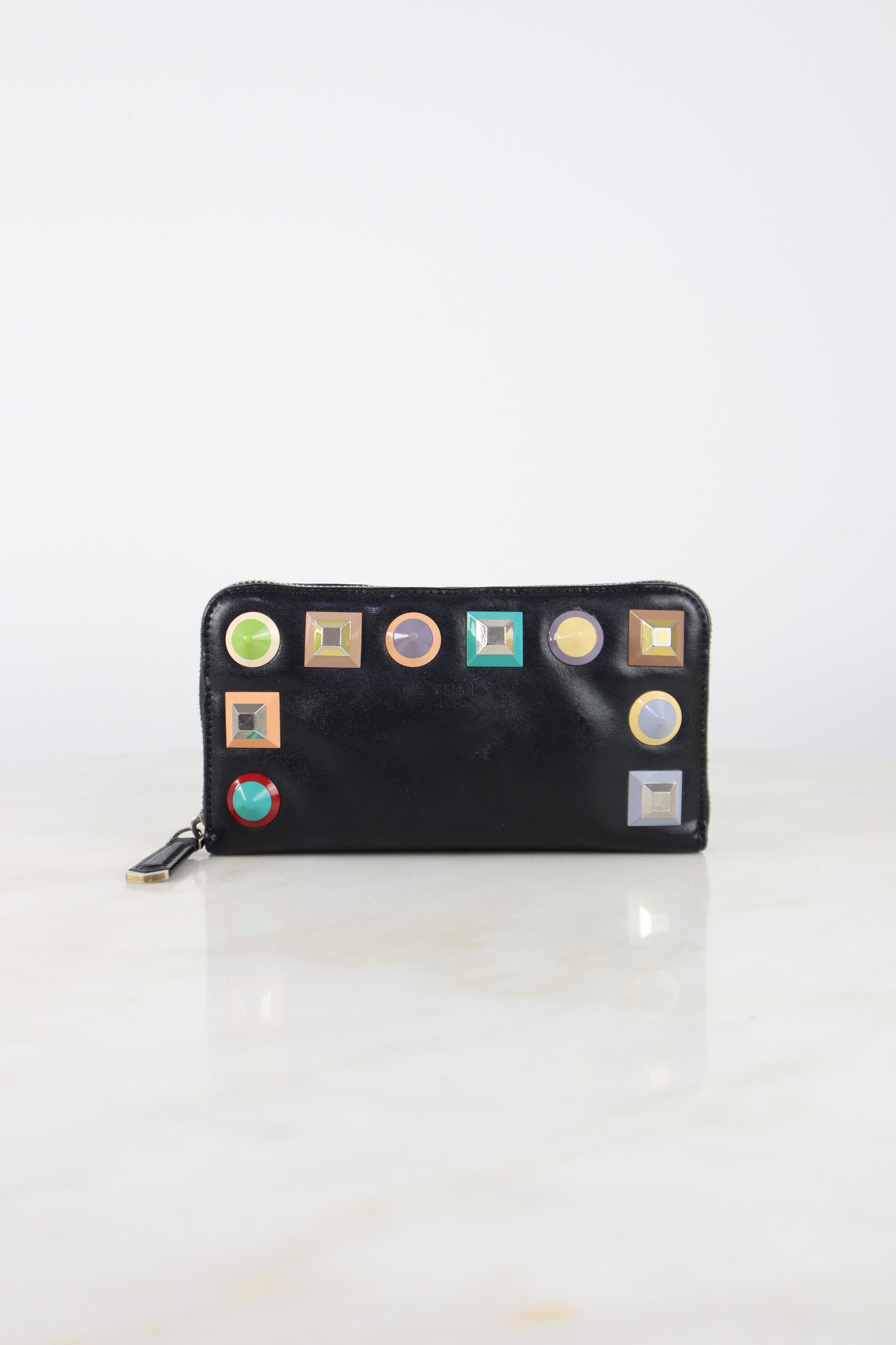 Fendi Black Studded Round Zip Long Wallet