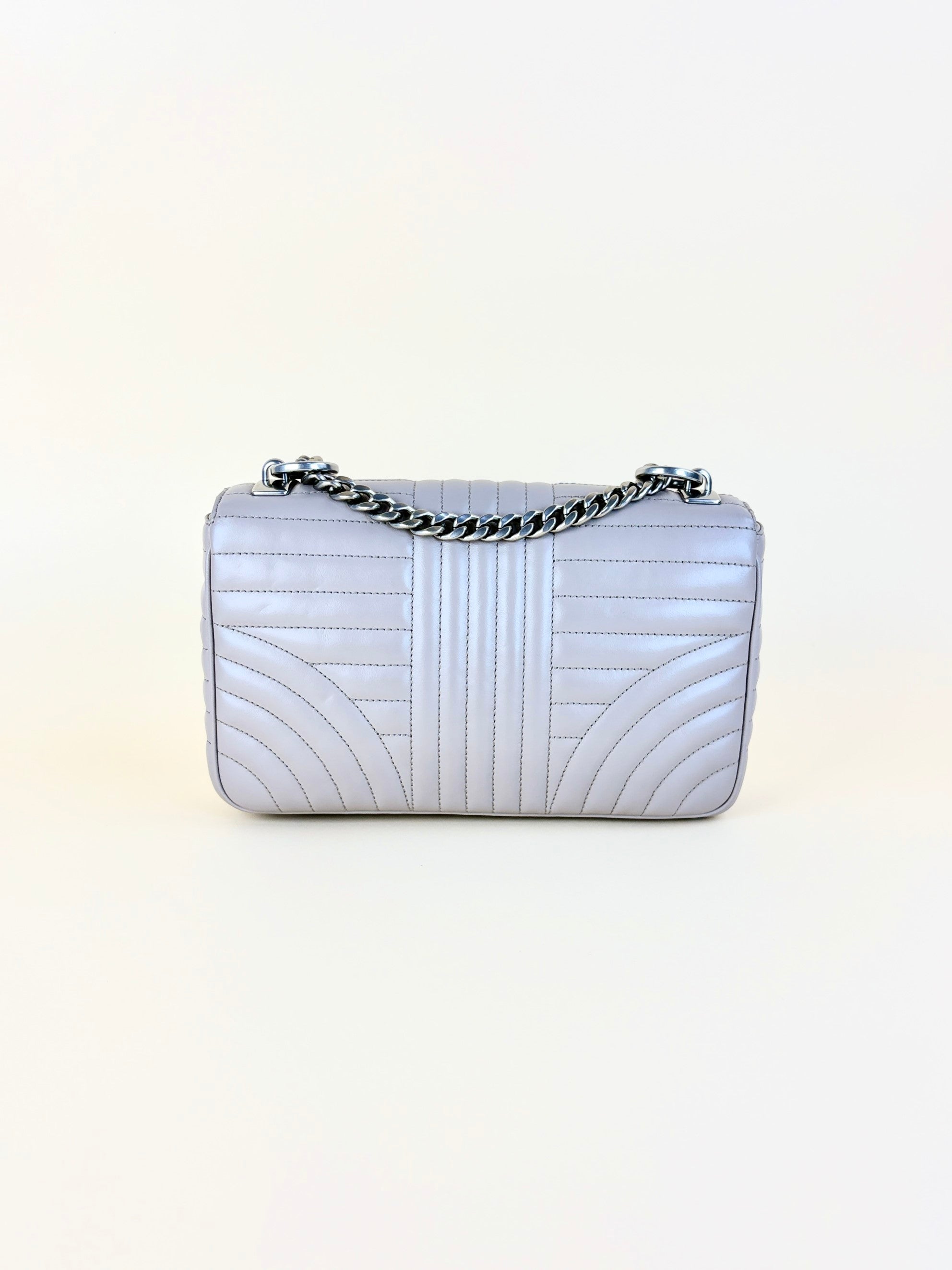 Prada grey soft calfskin imposture diagrammed medium chain flap