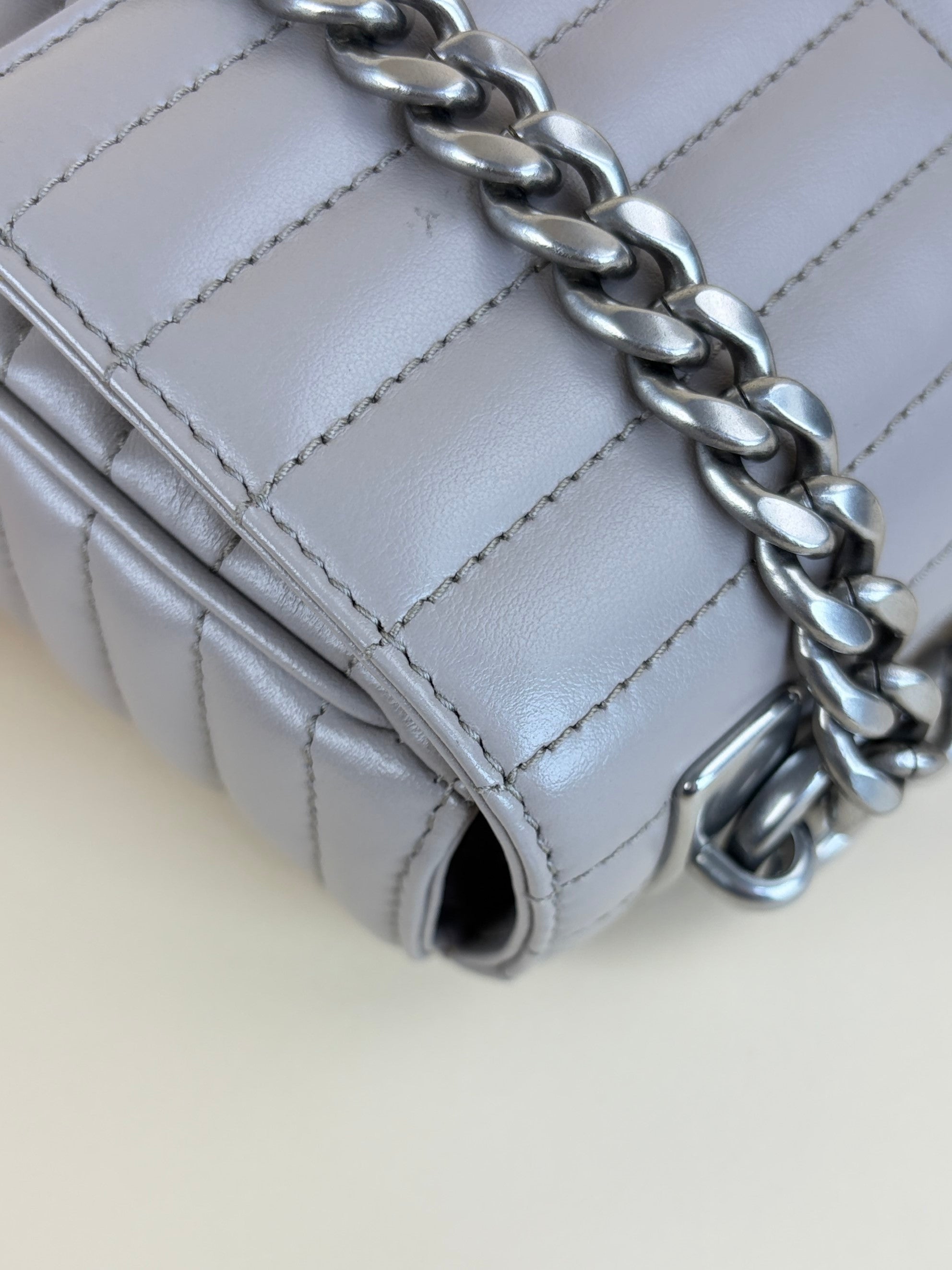 Prada grey soft calfskin imposture diagrammed medium chain flap