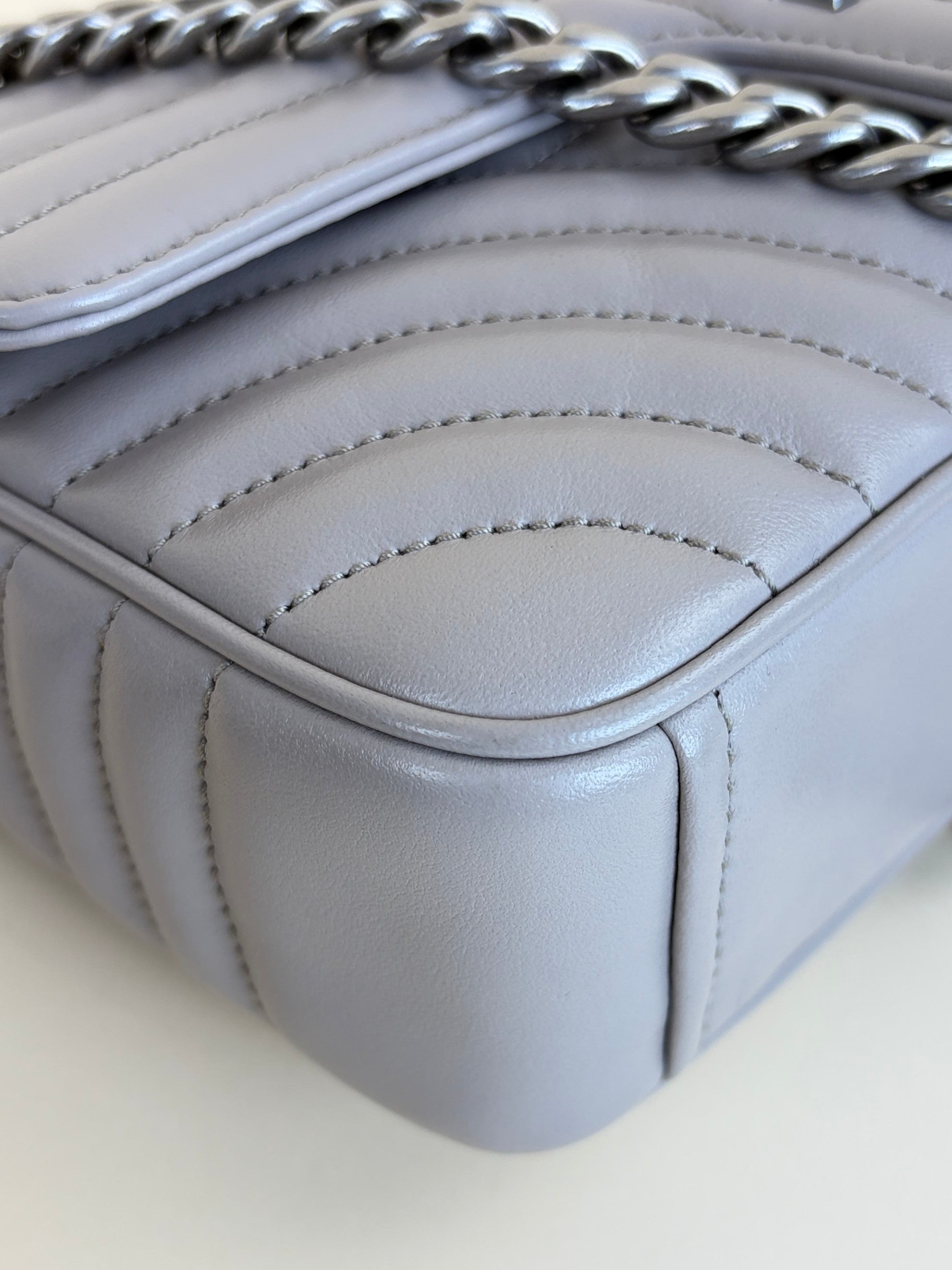 Prada grey soft calfskin imposture diagrammed medium chain flap