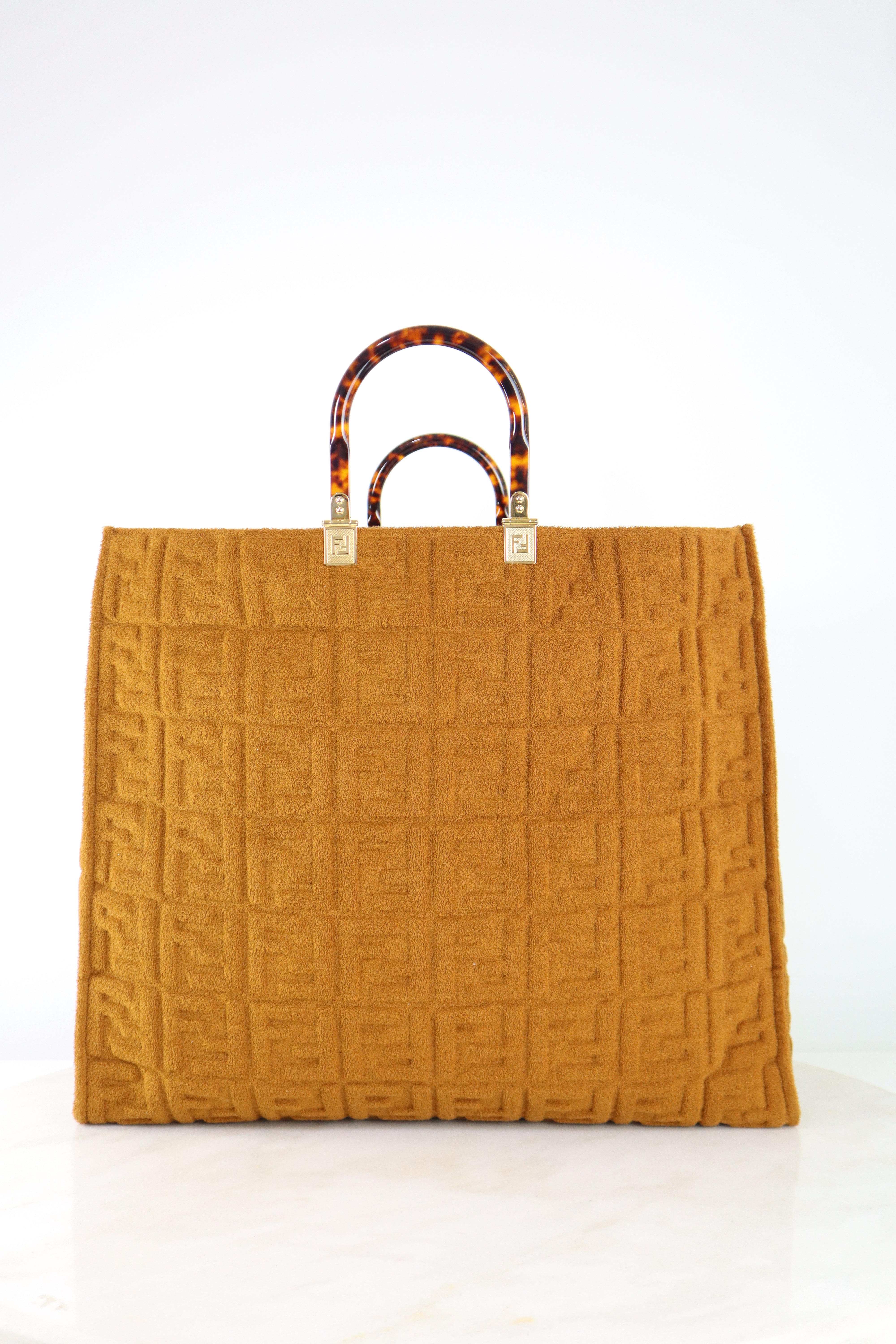 Fendi Brown Terrycloth Embossed XL Sunshine Tote Bag