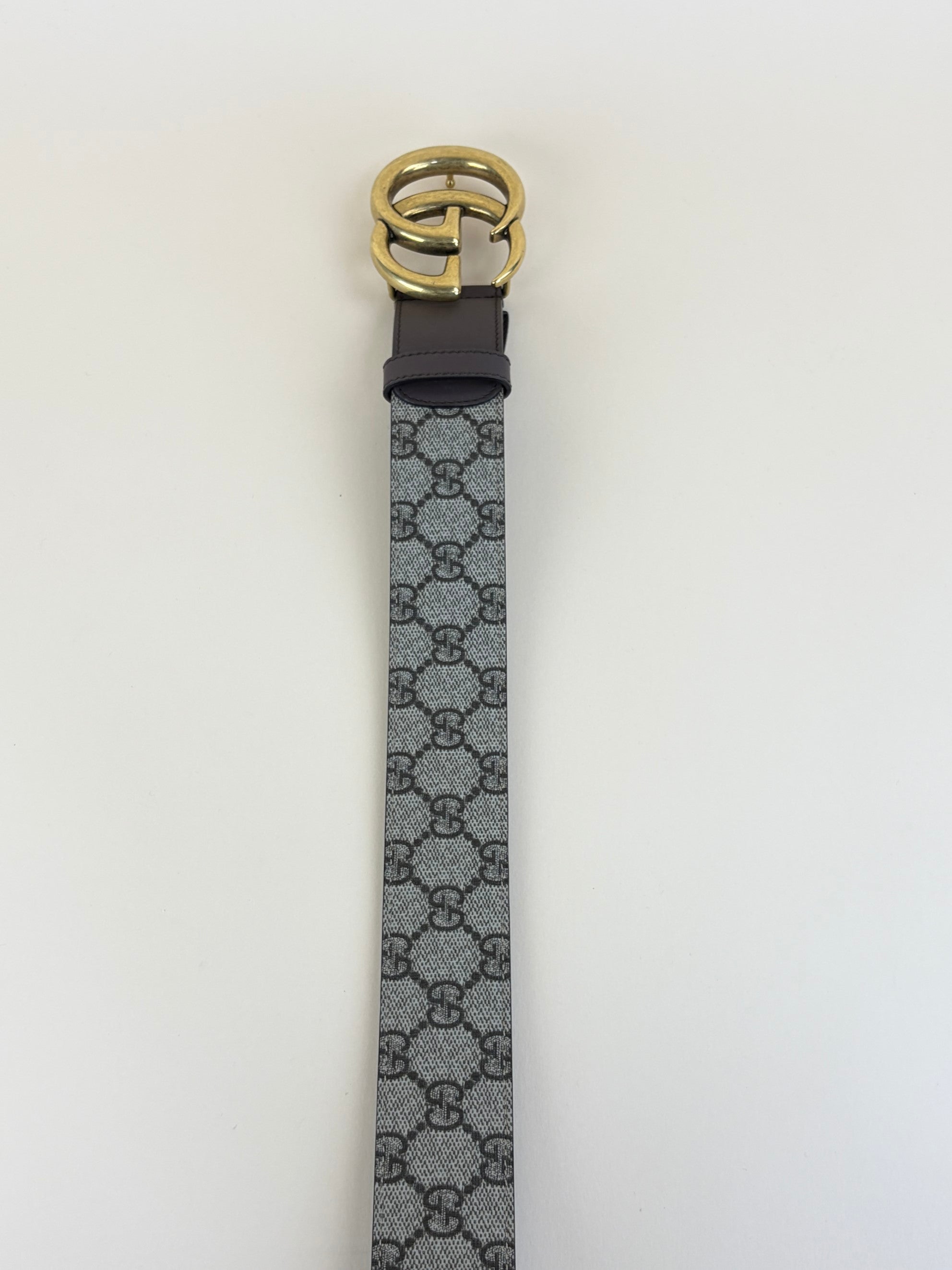 Gucci beige gg supreme monogram and brown calfskin double g buckle 40mm belt