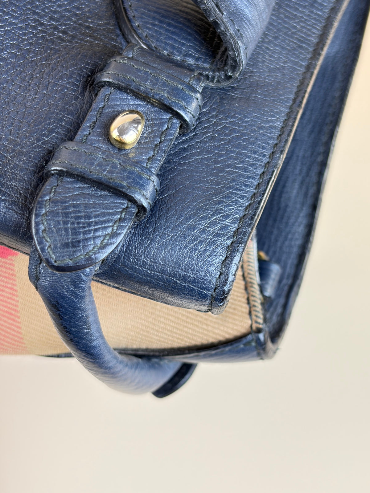 Burberry banner grainy calfskin house check small tote nave blue bag