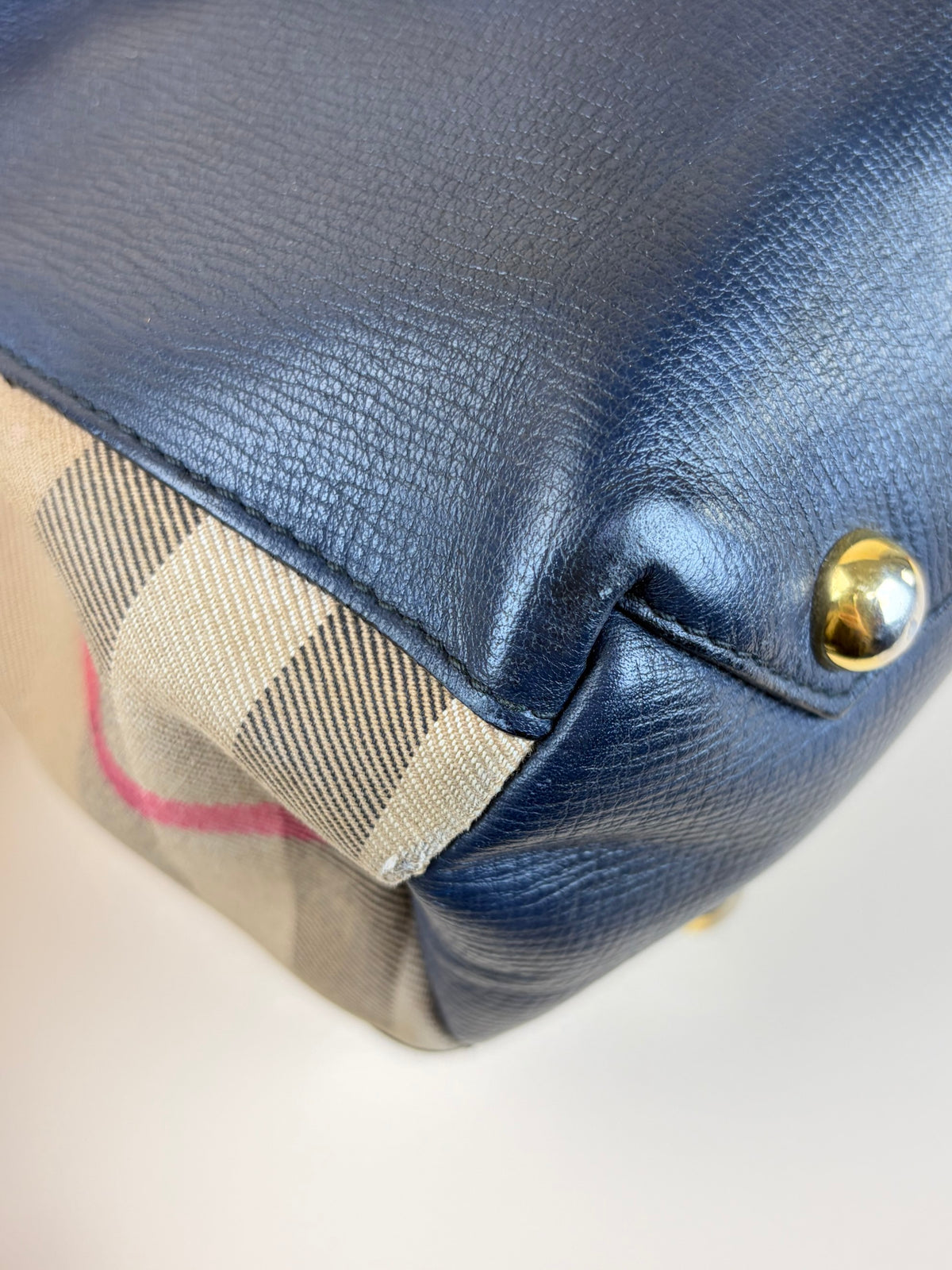 Burberry banner grainy calfskin house check small tote nave blue bag