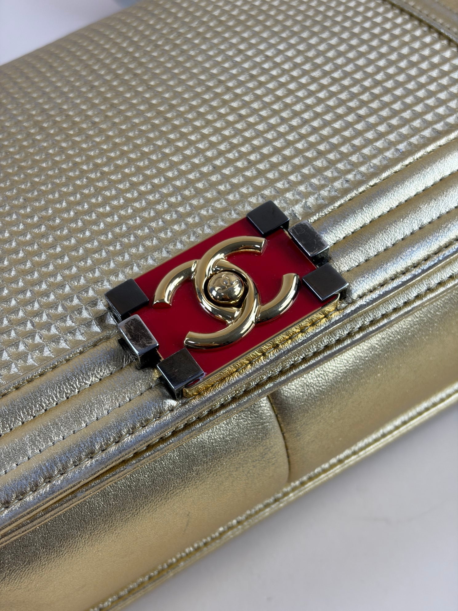 Chanel Metallic Gold Cabe Embossed Lambskin Boy Medium Bag