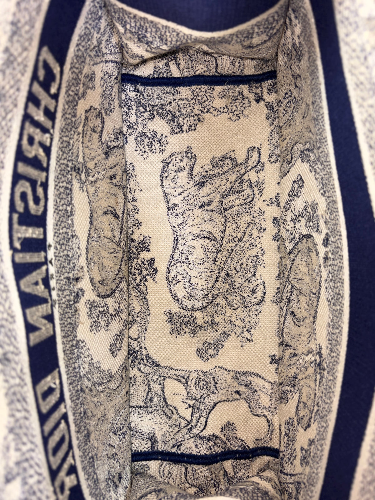 Christian Dior blue/white toile de Jouy reverse embroidery medium book tote bag