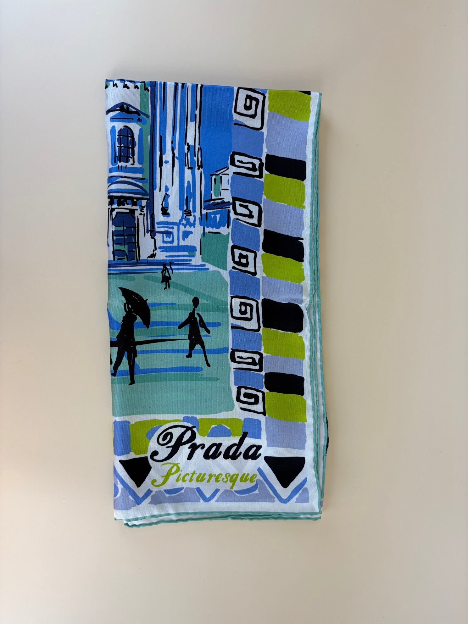 Prada Sky Blue Picturesque Milano Print Silk Foulard Scarf
