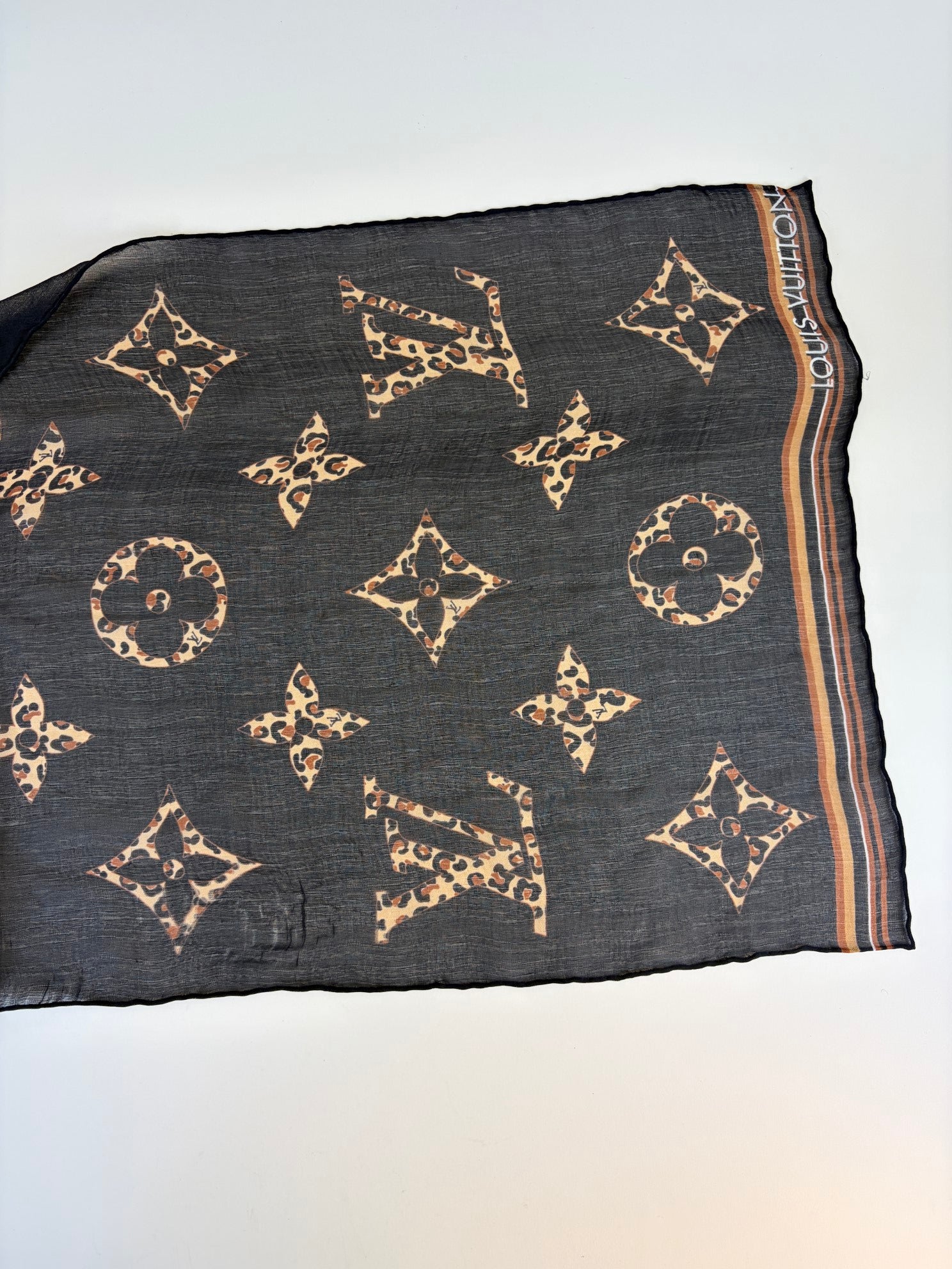 Louis Vuitton Leopard Black Monogram Silk Scarf with Gold LV Pin
