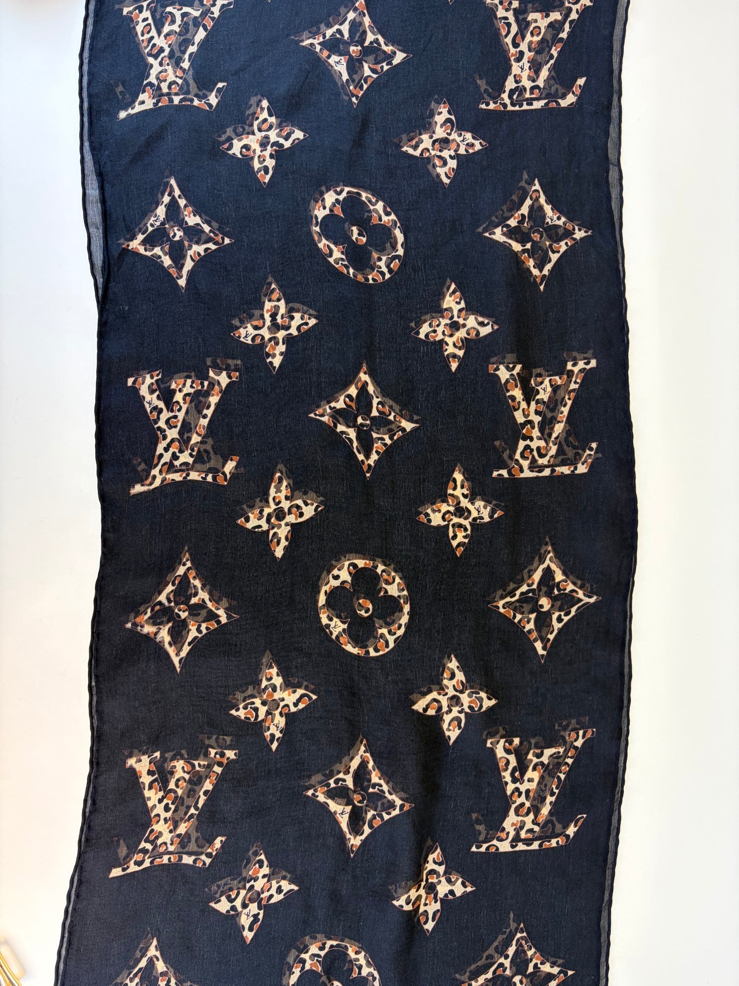 Louis Vuitton Leopard Black Monogram Silk Scarf with Gold LV Pin