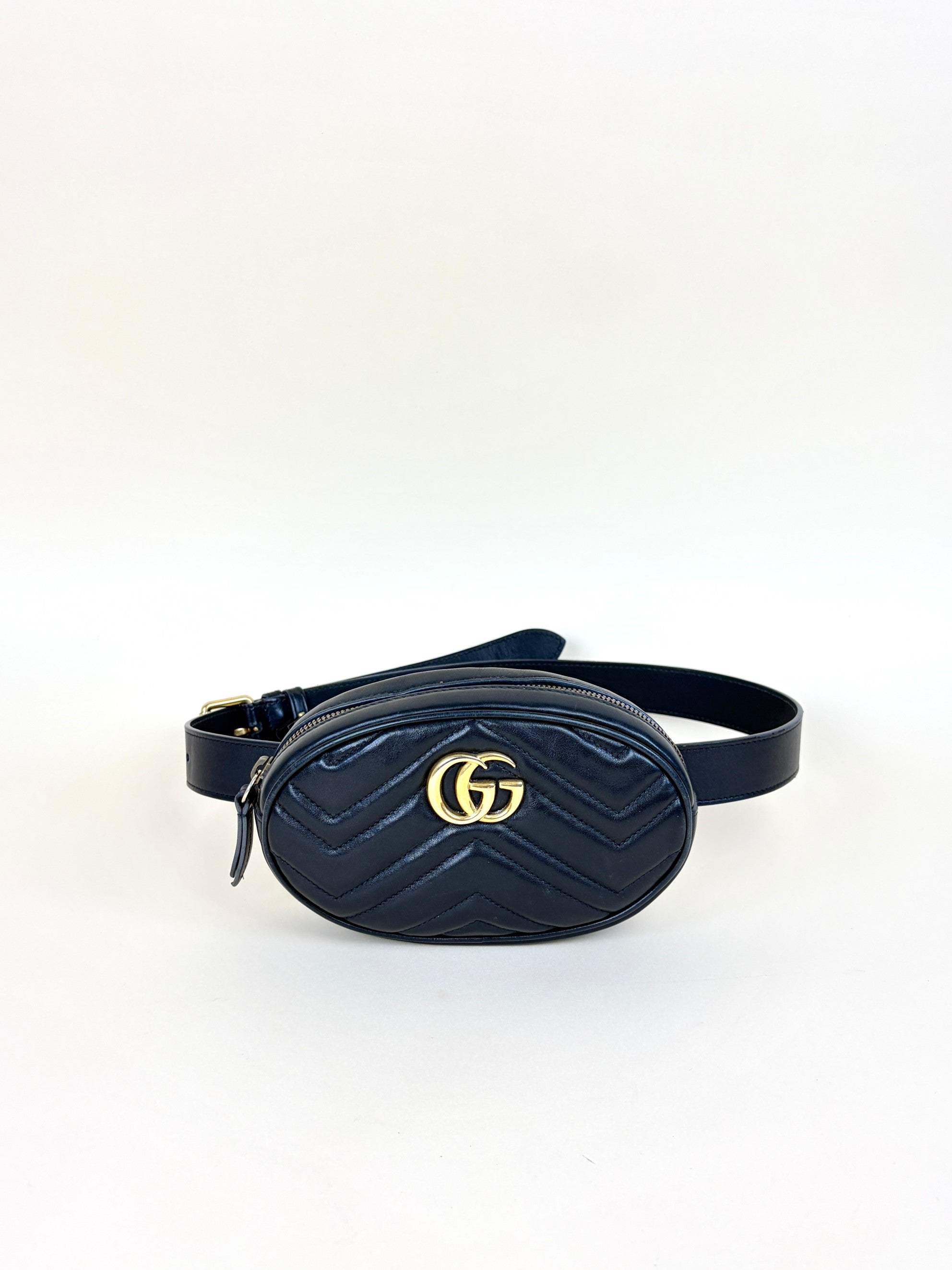 Gucci black calfskin matelassé GG Marmont belt bag