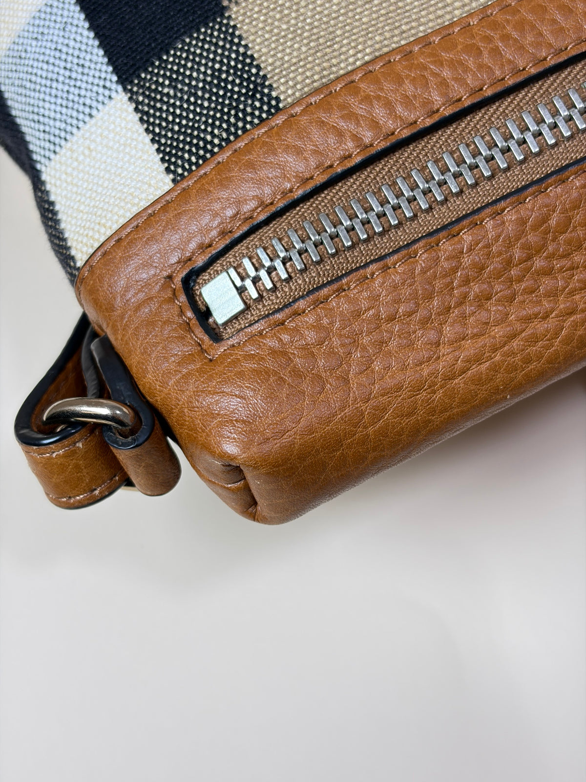 Burberry brown leather house check canvas small Farley bag
